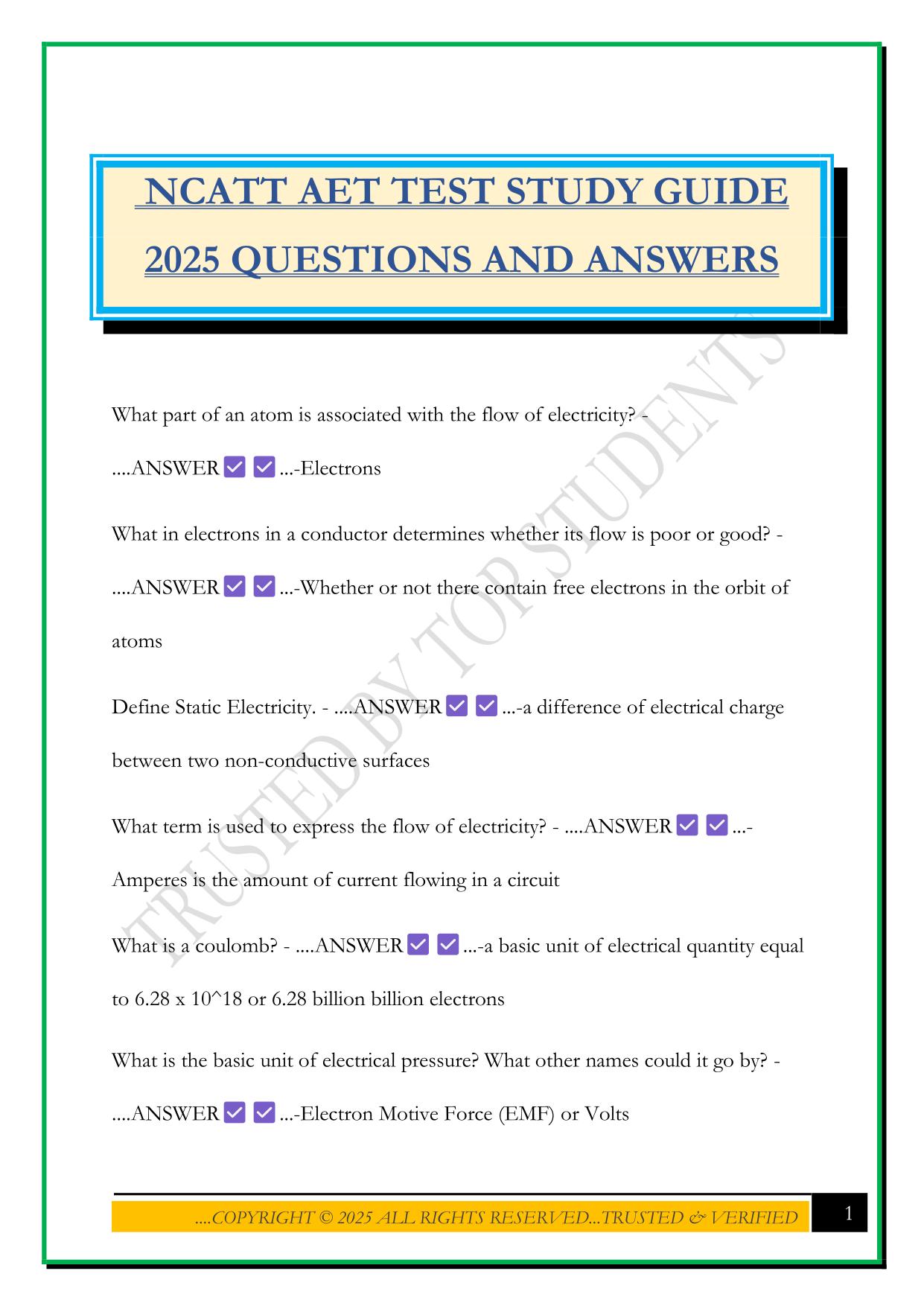 NCATT AET TEST STUDY GUIDE 2025 QUESTIONS AND ANSWERS