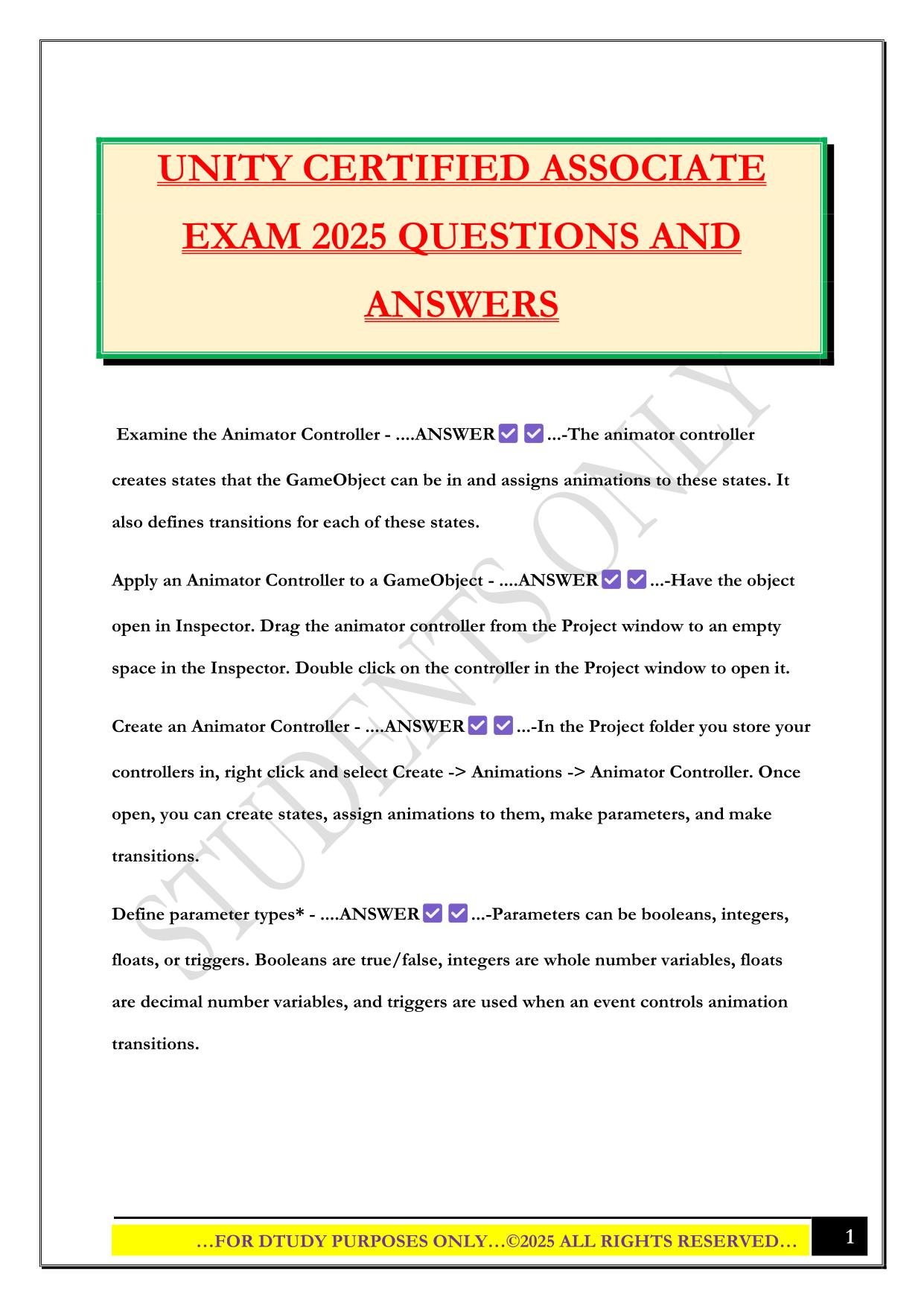 UNITY CERTIFIED ASSOCIATE EXAM 2025 QUESTIONS AND ANSWERS
