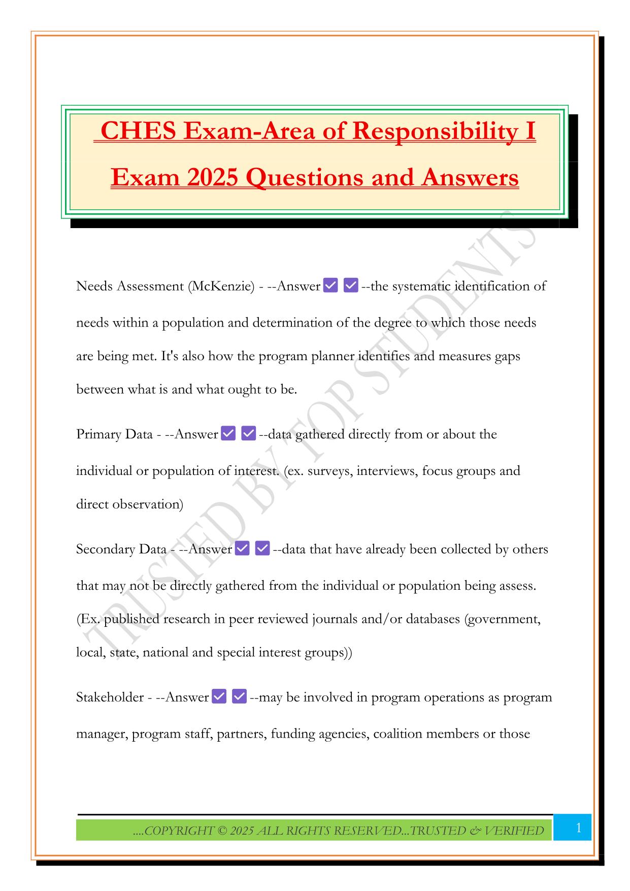 CHES Exam-Area of Responsibility I Exam 2025 Questions and Answers