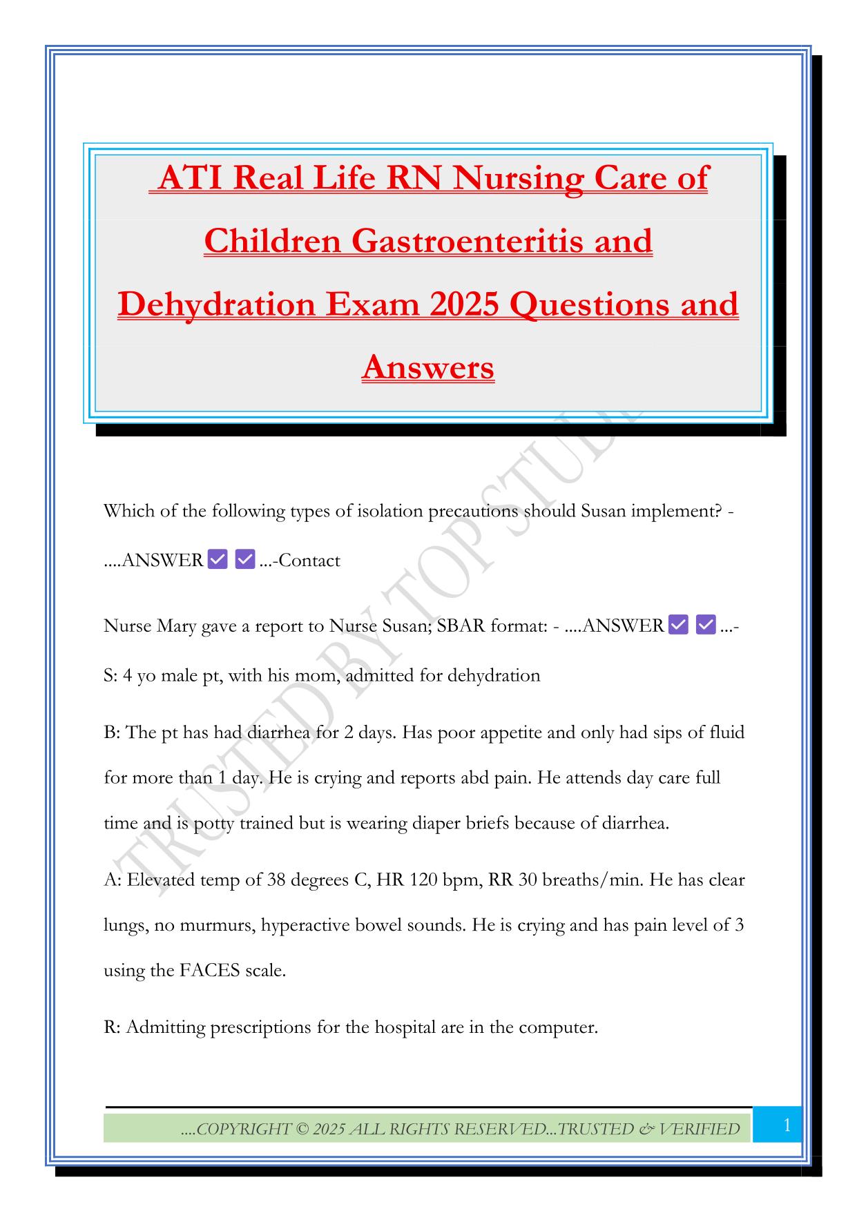 ATI Real Life RN Nursing Care of Children Gastroenteritis and Dehydration Exam 2025 Questions and Answers
