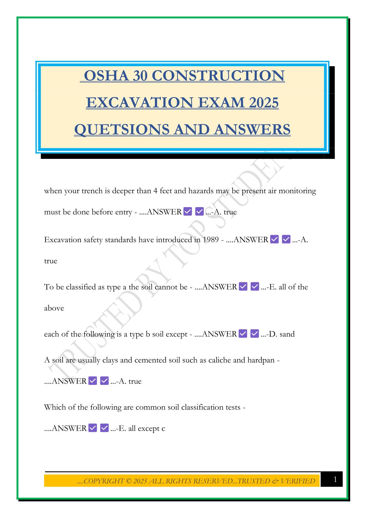 OSHA 30 CONSTRUCTION EXCAVATION EXAM 2025 QUETSIONS AND ANSWERS