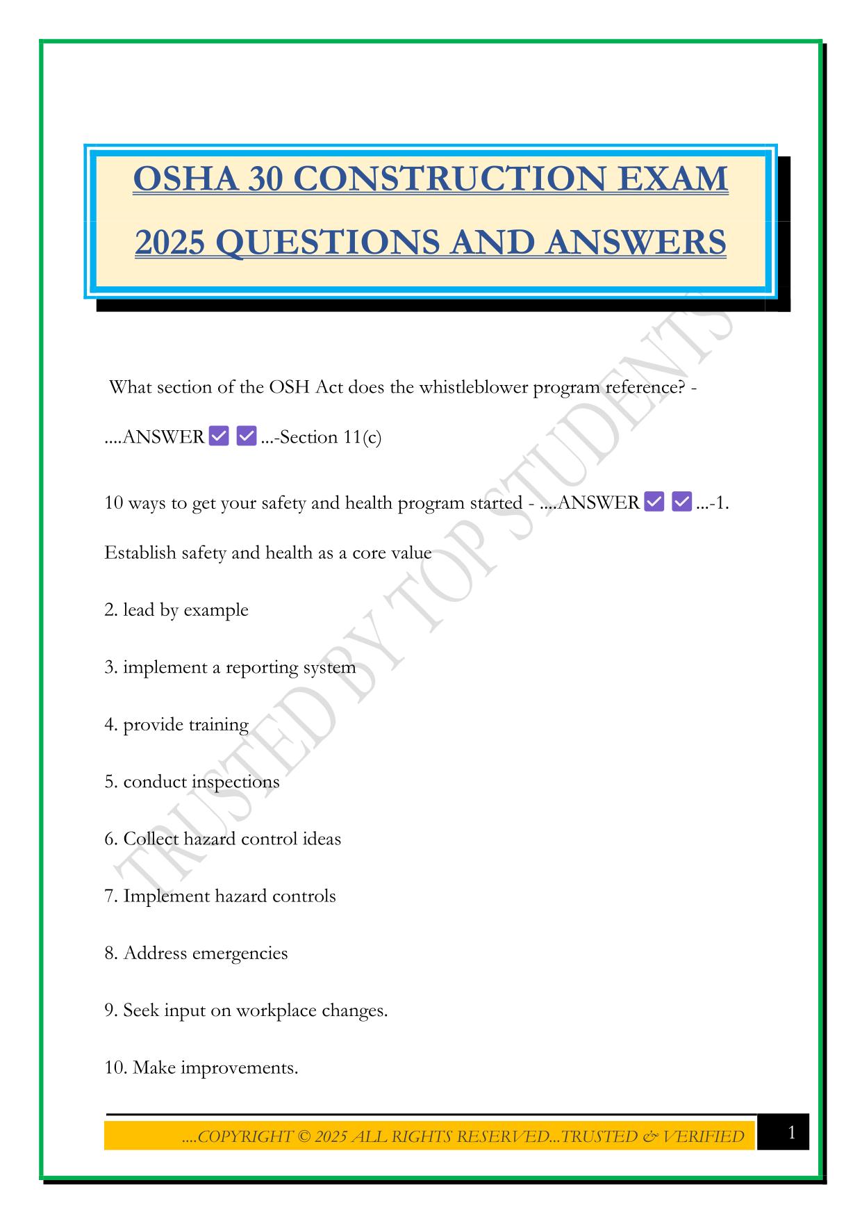 OSHA 30 CONSTRUCTION EXAM 2025 QUESTIONS AND ANSWERS