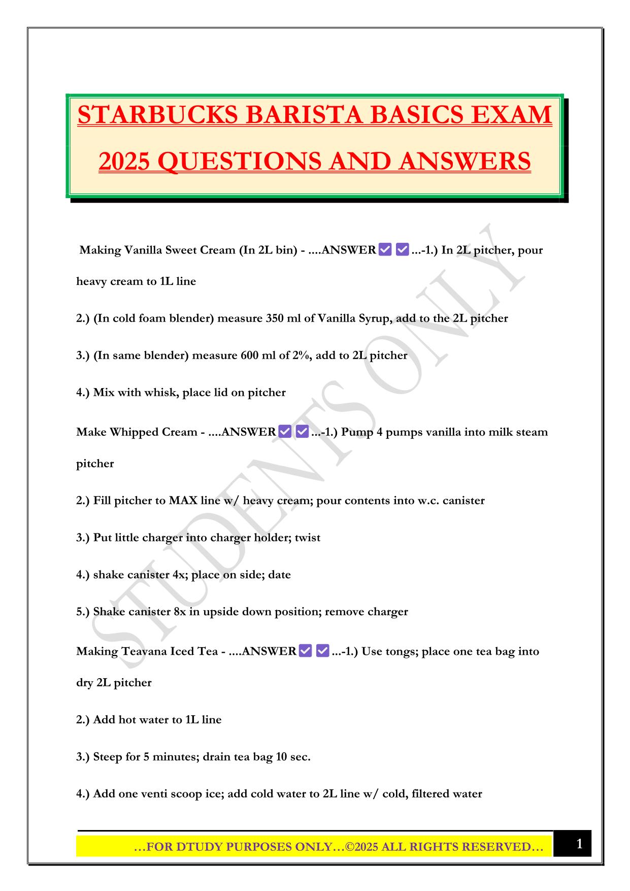 STARBUCKS BARISTA BASICS EXAM 2025 QUESTIONS AND ANSWERS
