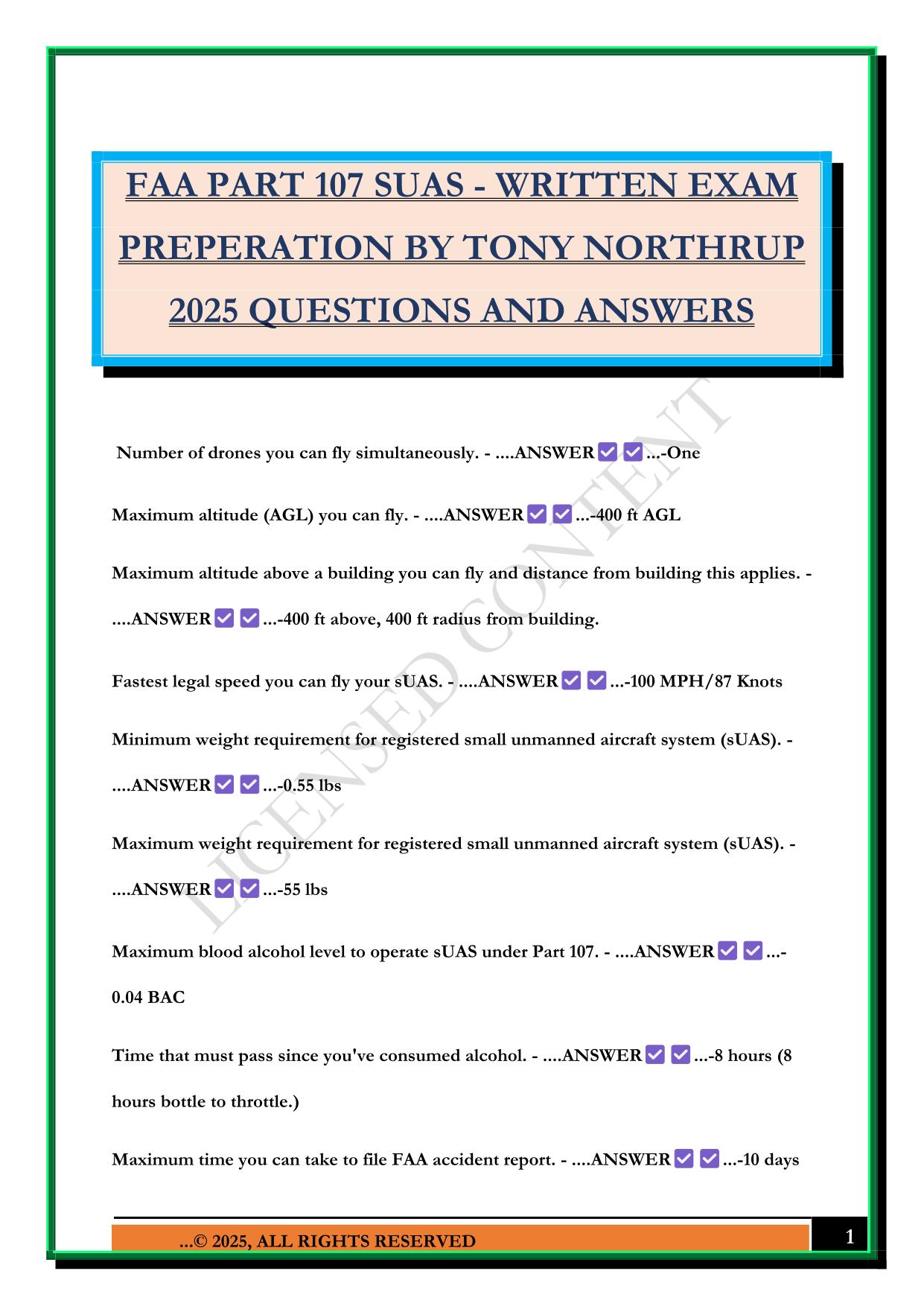 FAA PART 107 SUAS - WRITTEN EXAM PREPERATION BY TONY NORTHRUP 2025 QUESTIONS AND ANSWERS
