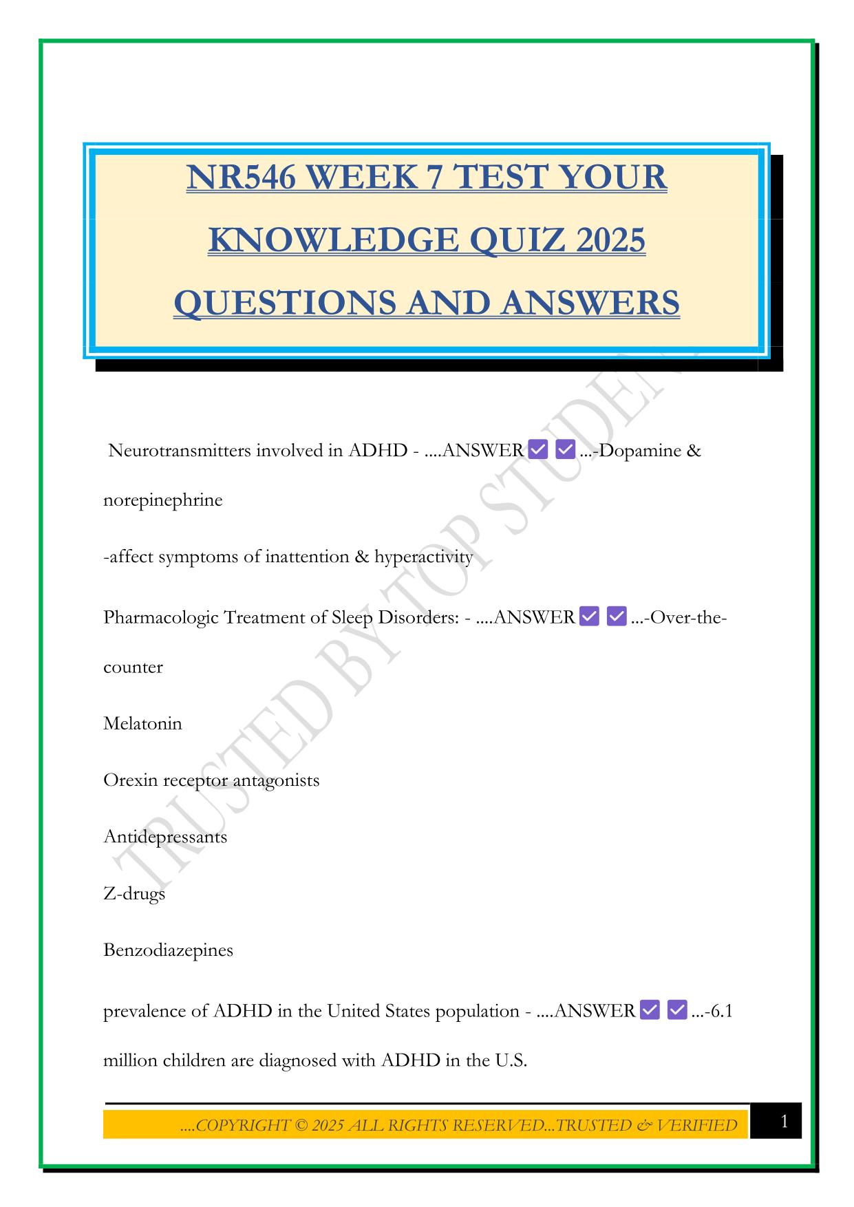 NR546 WEEK 7 TEST YOUR KNOWLEDGE QUIZ 2025 QUESTIONS AND ANSWERS