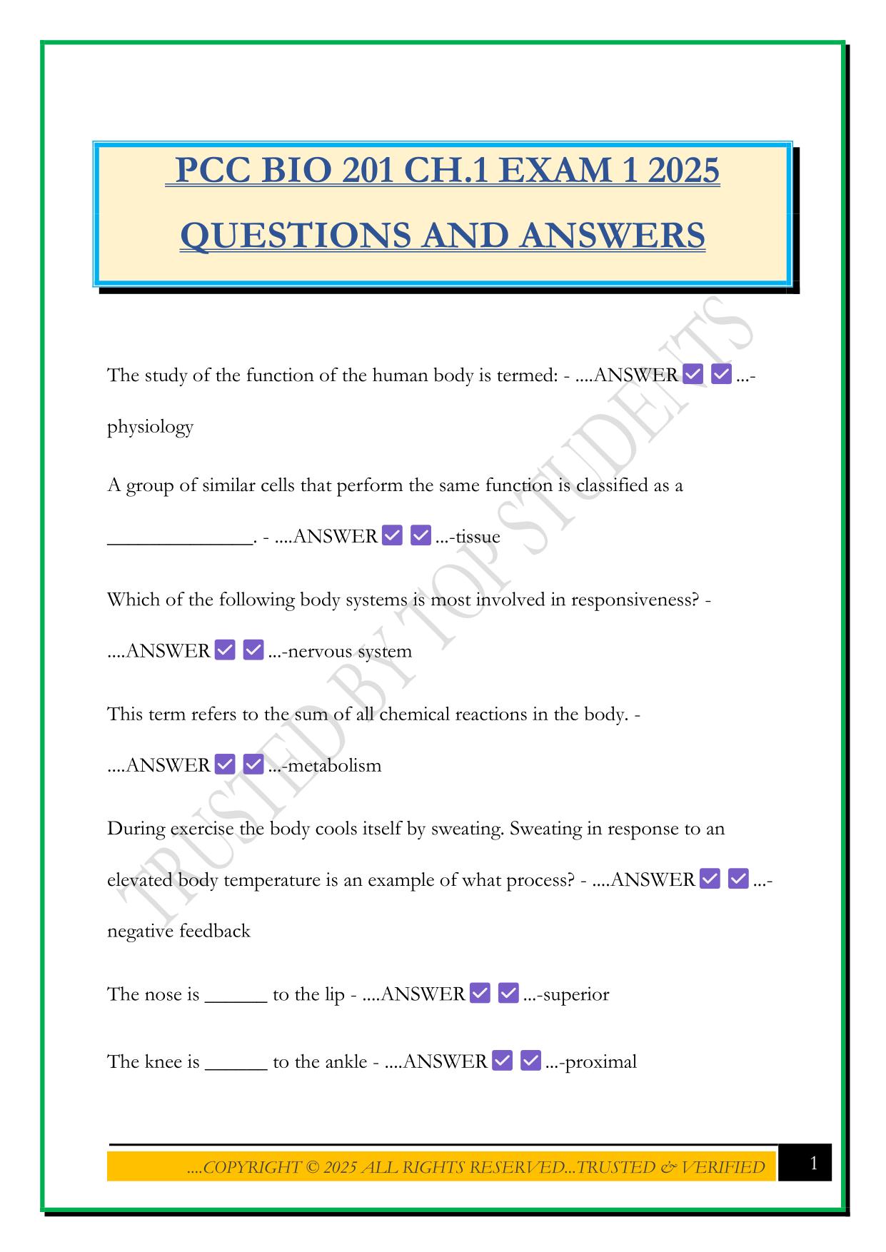 PCC BIO 201 CH.1 EXAM 1 2025 QUESTIONS AND ANSWERS