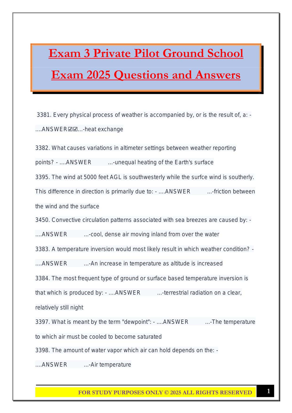 Exam 3 Private Pilot Ground School Exam 2025 Questions and Answers