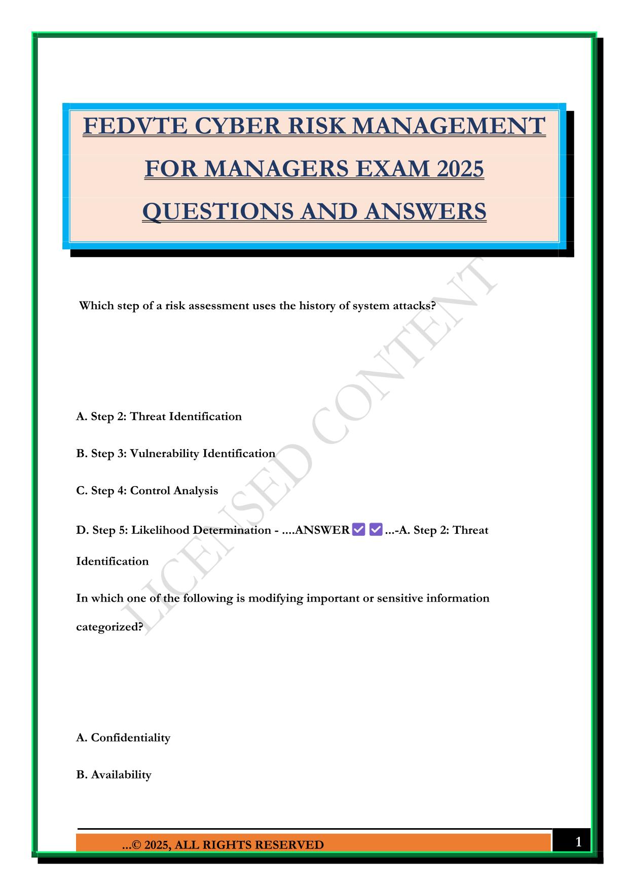 FEDVTE CYBER RISK MANAGEMENT FOR MANAGERS EXAM 2025 QUESTIONS AND ANSWERS