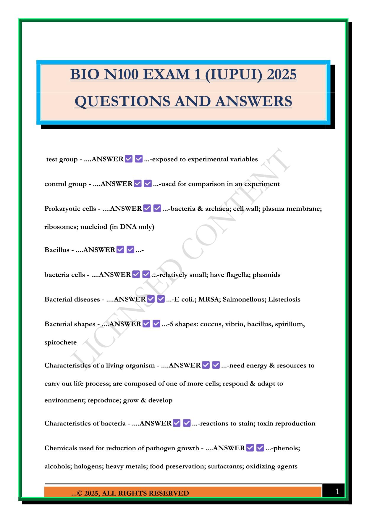 BIO N100 EXAM 1 (IUPUI) 2025 QUESTIONS AND ANSWERS
