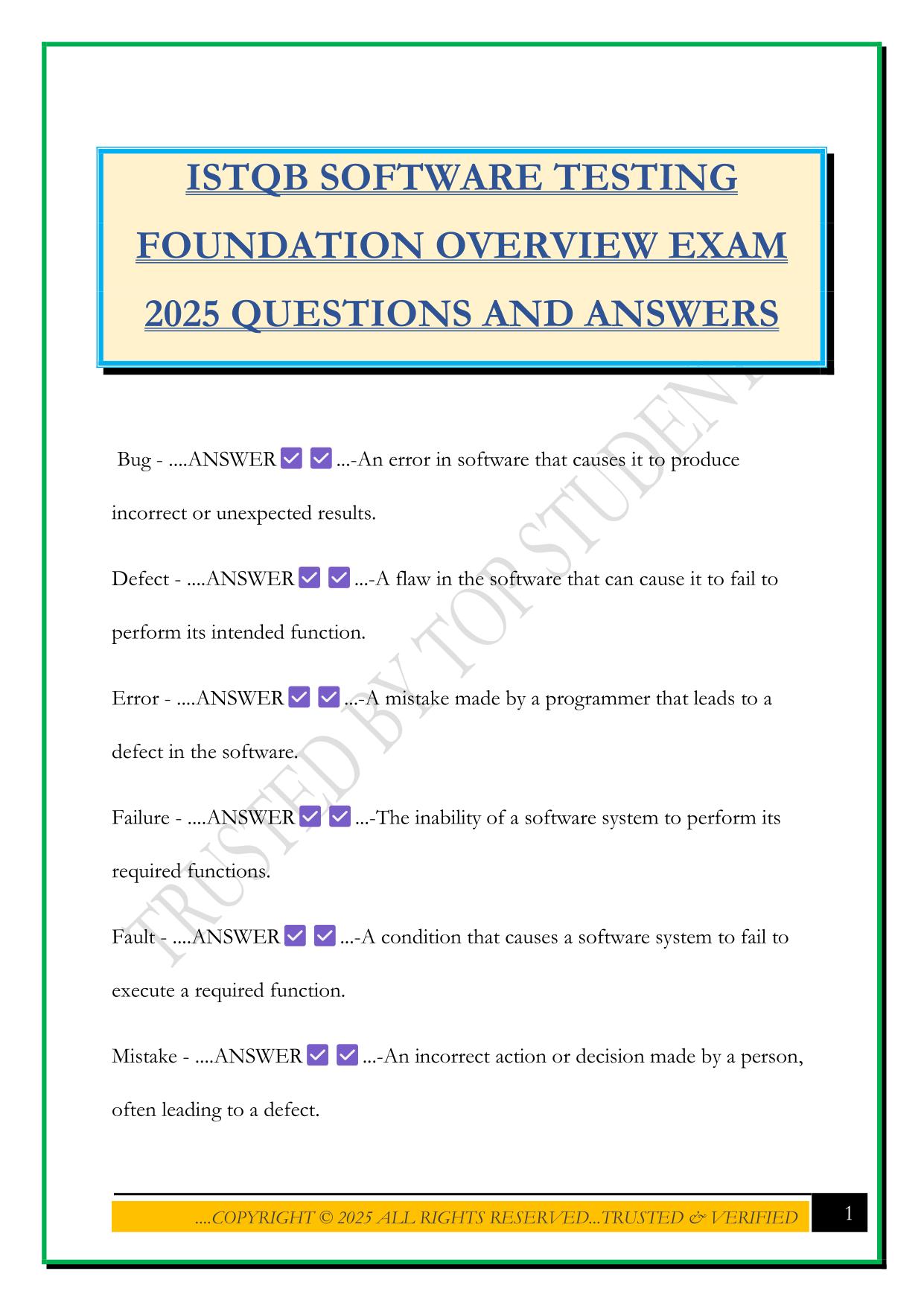 ISTQB SOFTWARE TESTING FOUNDATION OVERVIEW EXAM 2025 QUESTIONS AND ANSWERS