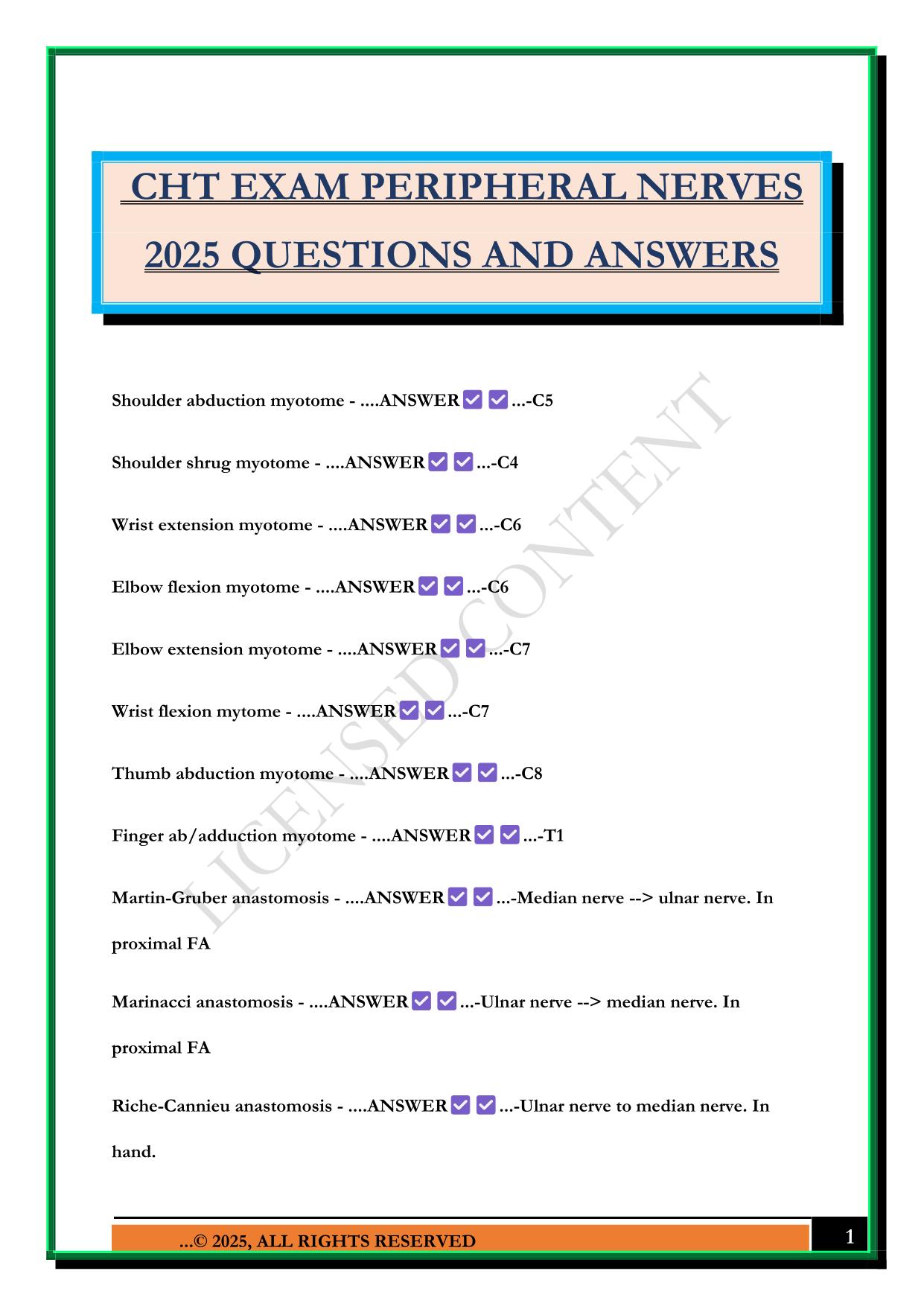 CHT EXAM PERIPHERAL NERVES 2025 QUESTIONS AND ANSWERS