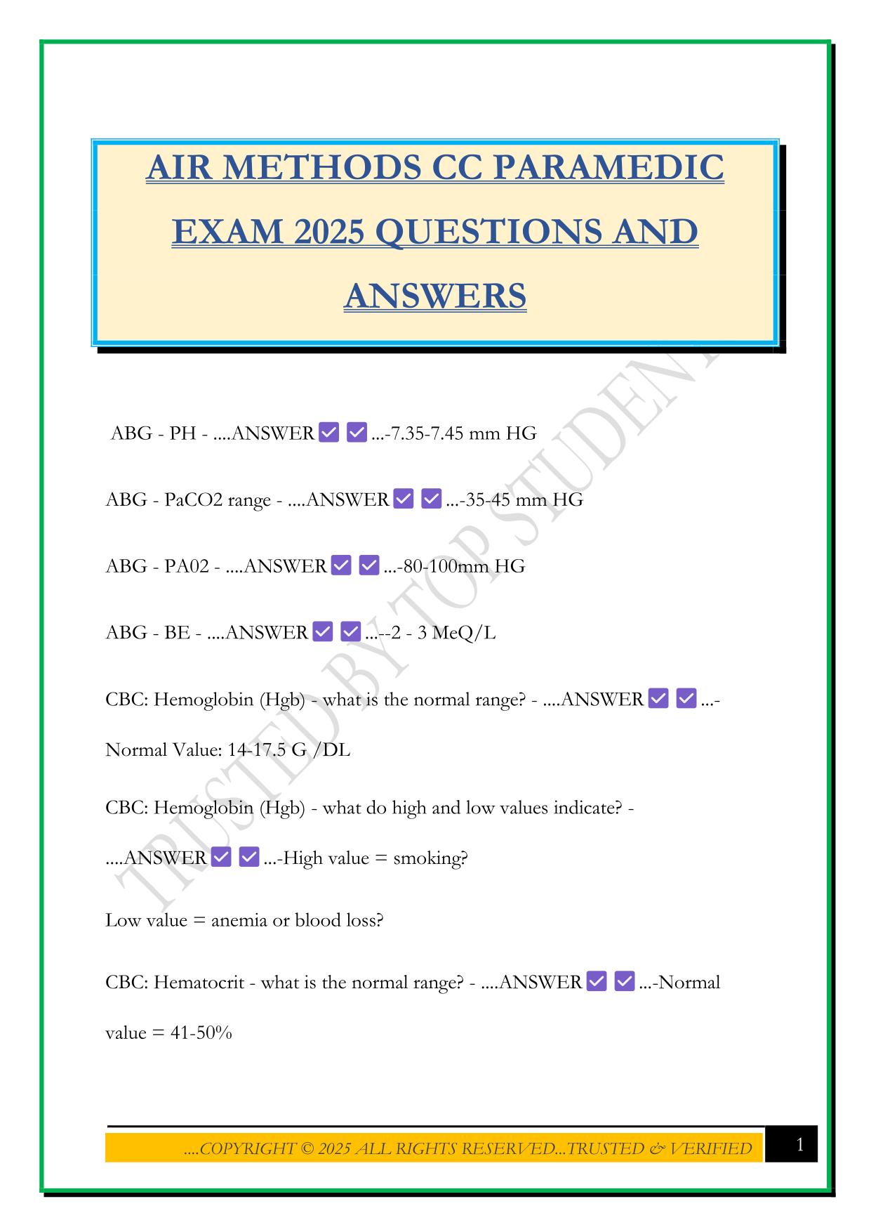 AIR METHODS CC PARAMEDIC EXAM 2025 QUESTIONS AND ANSWERS