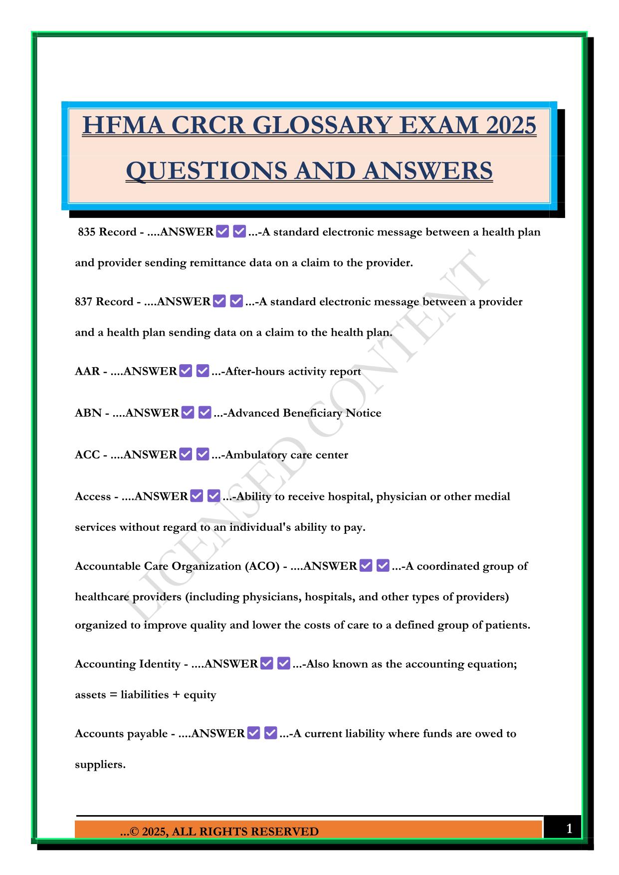 HFMA CRCR GLOSSARY EXAM 2025 QUESTIONS AND ANSWERS