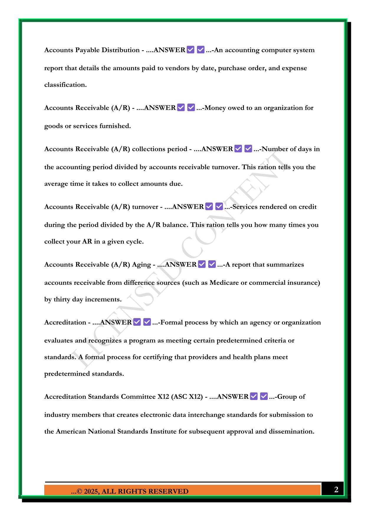 HFMA CRCR GLOSSARY EXAM 2025 QUESTIONS AND ANSWERS