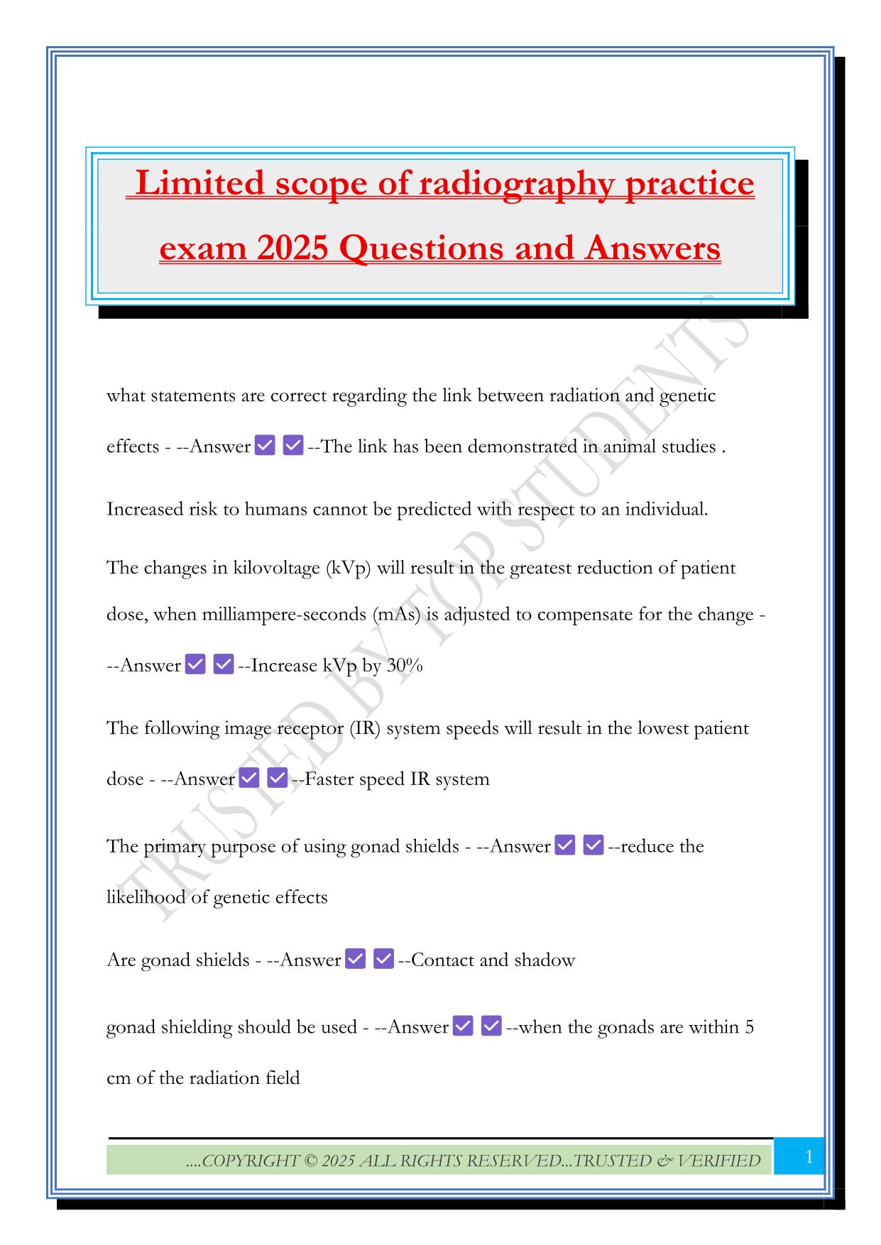 Limited scope of radiography practice exam 2025 Questions and Answers