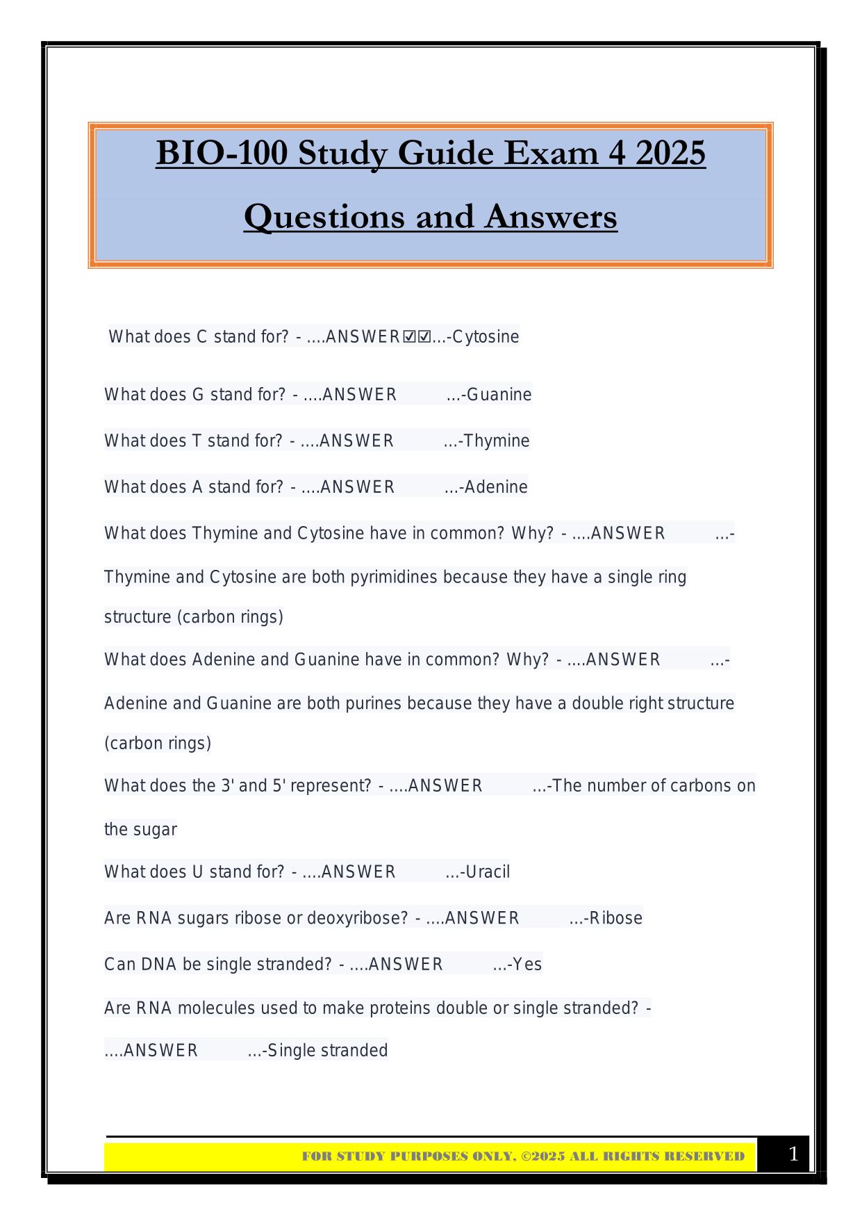 BIO-100 Study Guide Exam 4 2025 Questions and Answers