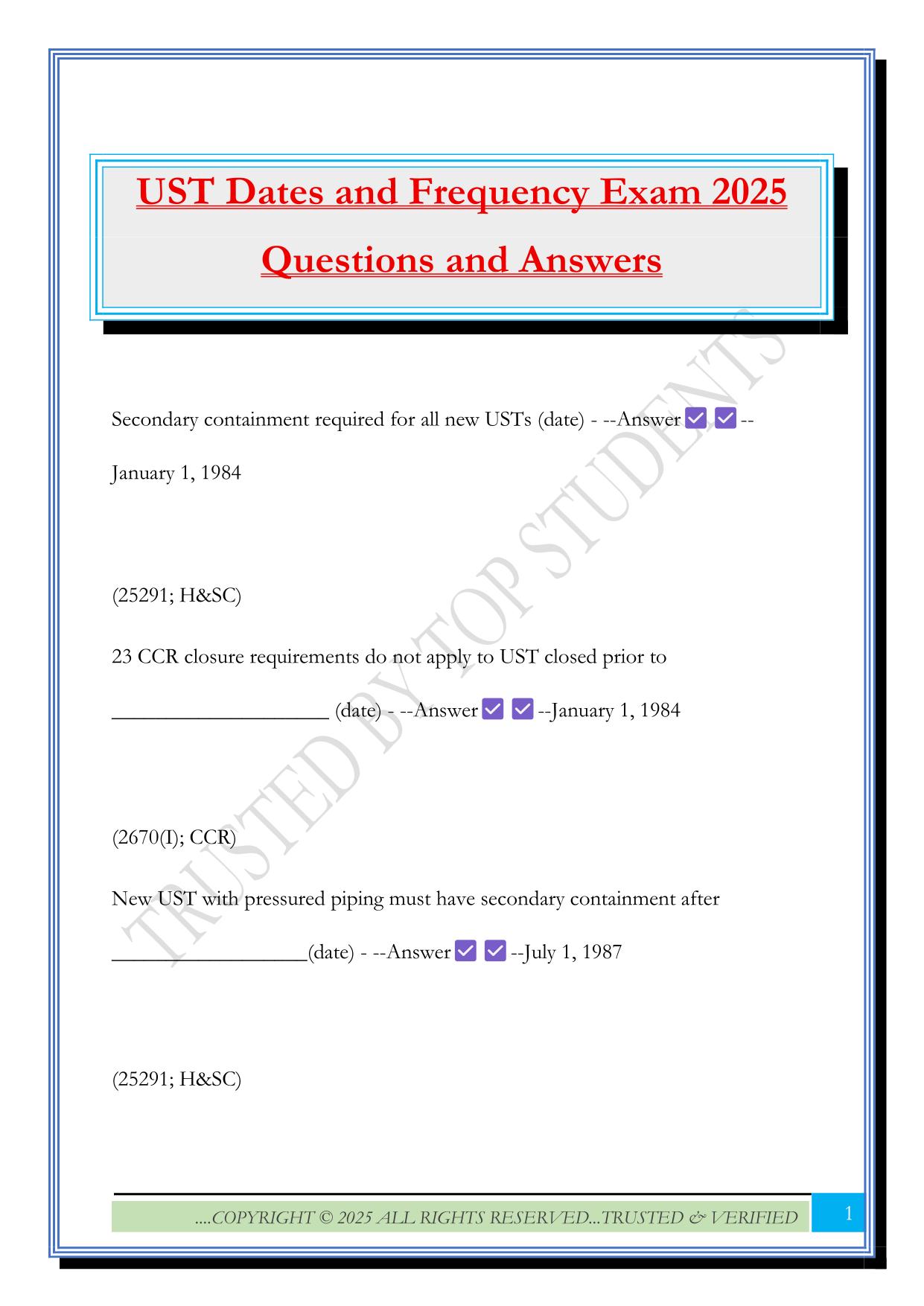 UST Dates and Frequency Exam 2025 Questions and Answers