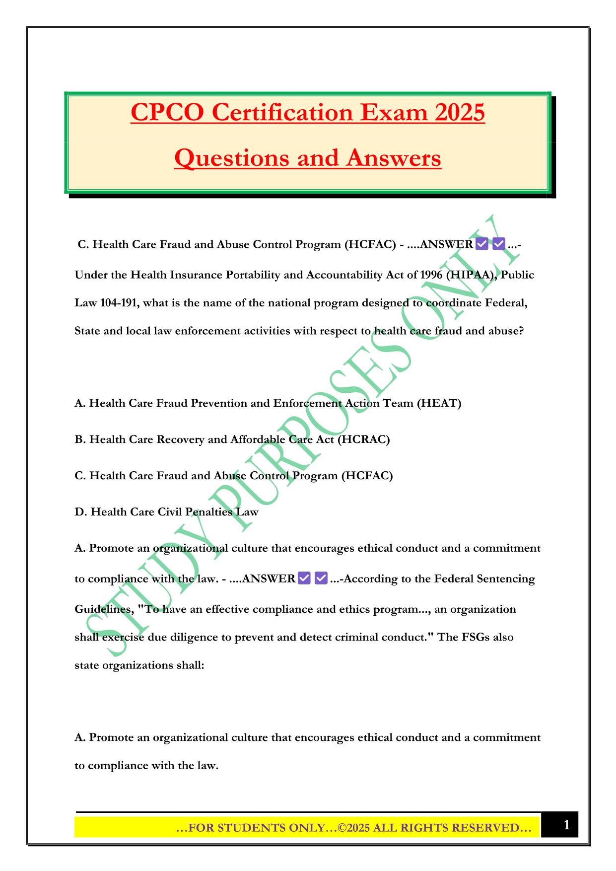 CPCO Certification Exam 2025 Questions and Answers