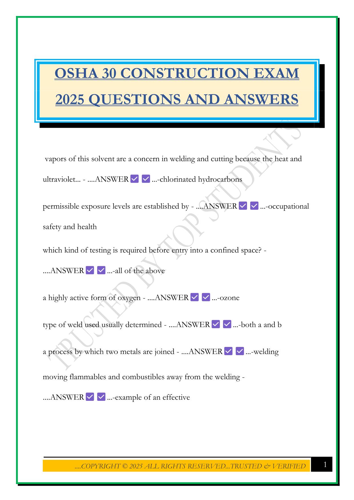 OSHA 30 CONSTRUCTION EXAM 2025 QUESTIONS AND ANSWERS