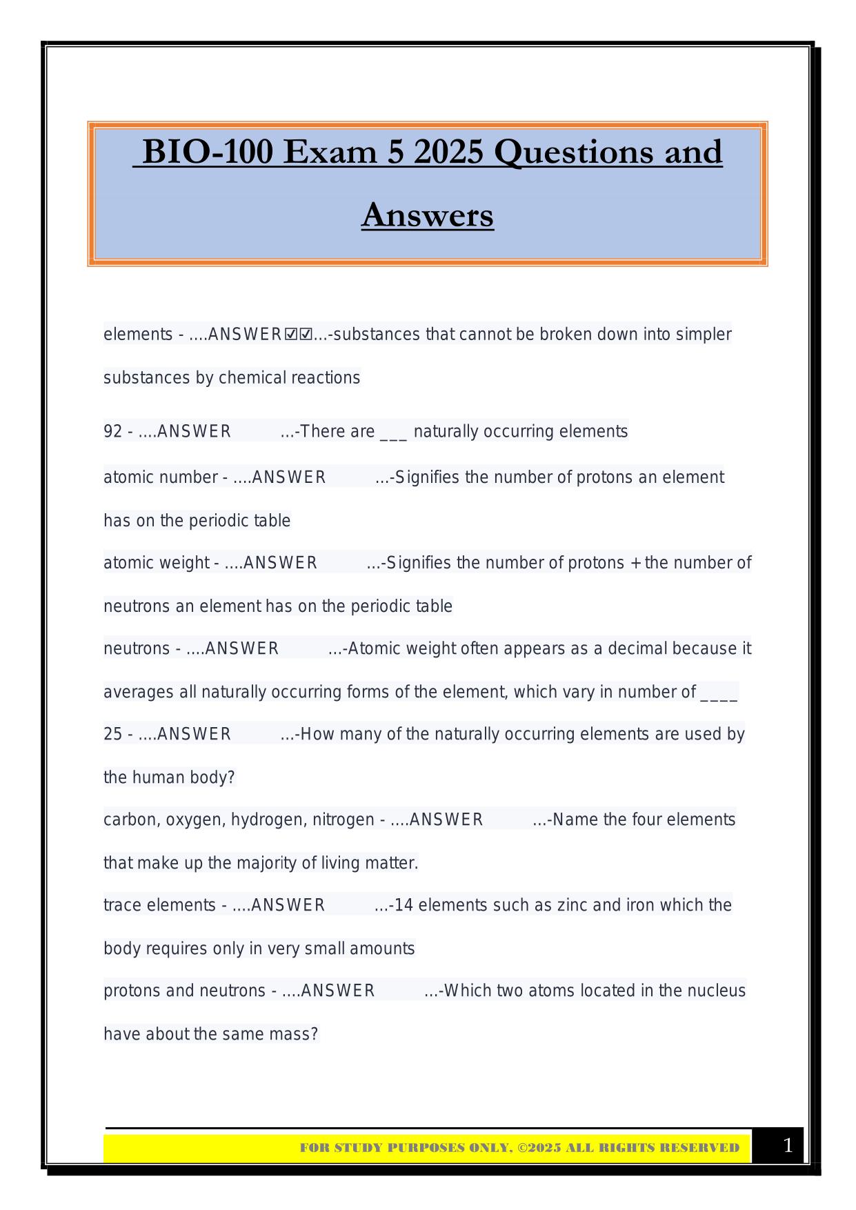 BIO-100 Exam 5 2025 Questions and Answers