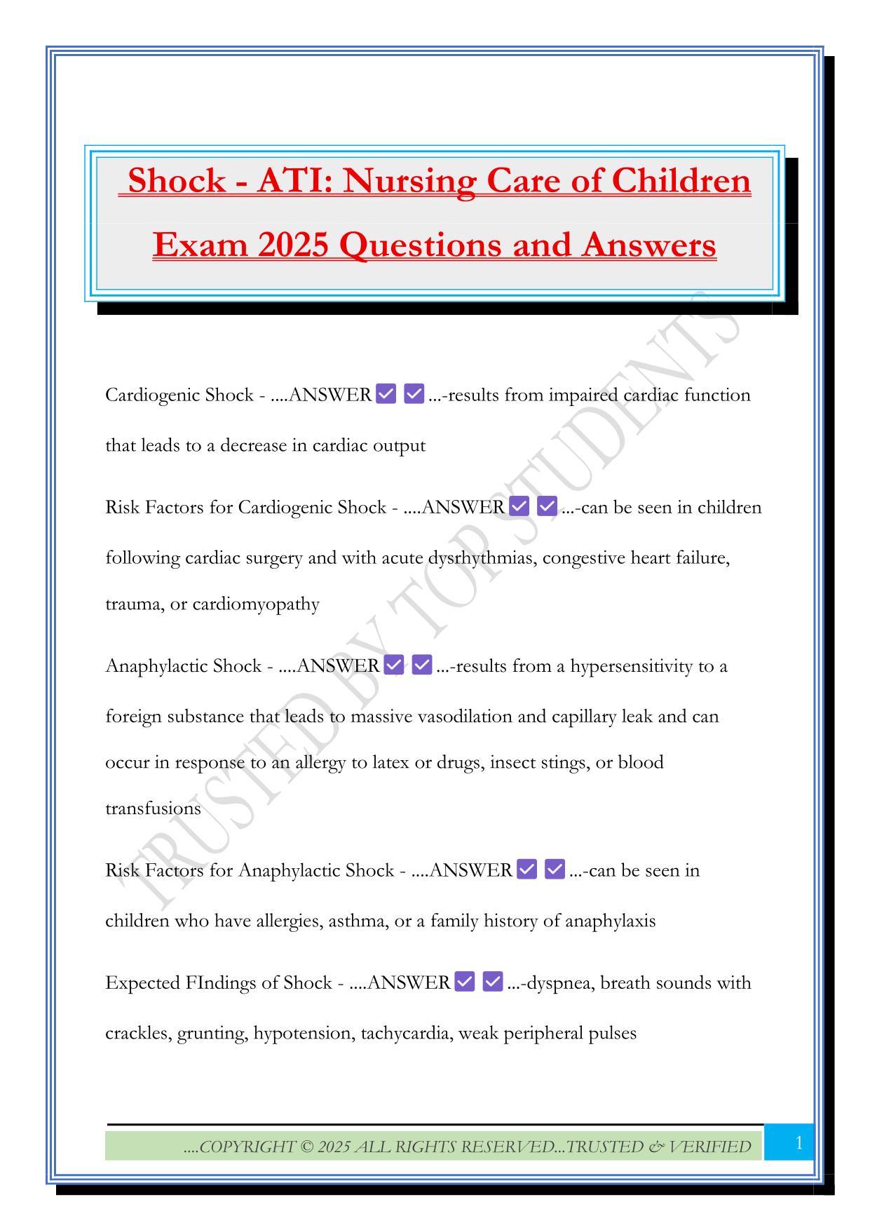 Shock - ATI: Nursing Care of Children Exam 2025 Questions and Answers