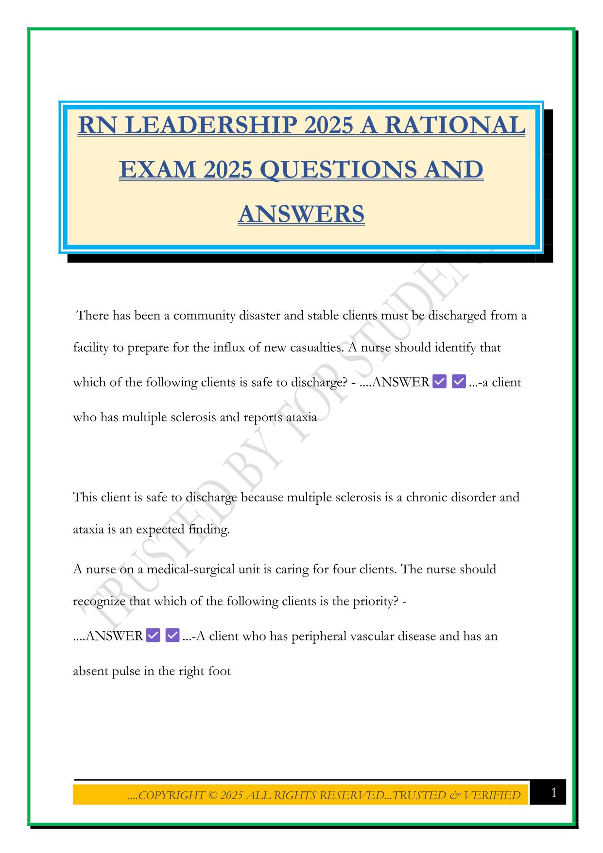 RN LEADERSHIP 2025 A RATIONAL EXAM 2025 QUESTIONS AND ANSWERS