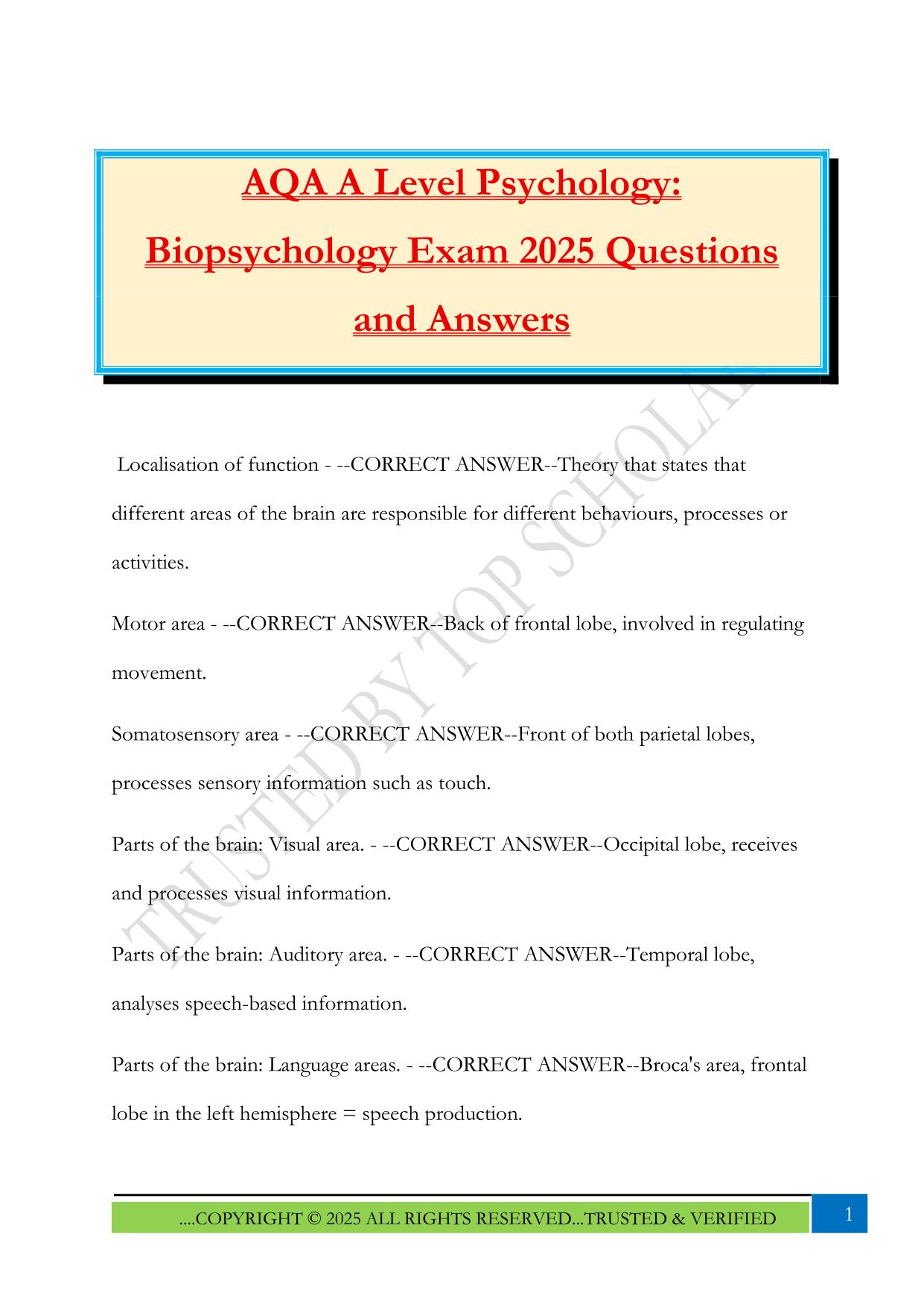 AQA A Level Psychology: Biopsychology Exam 2025 Questions and Answers