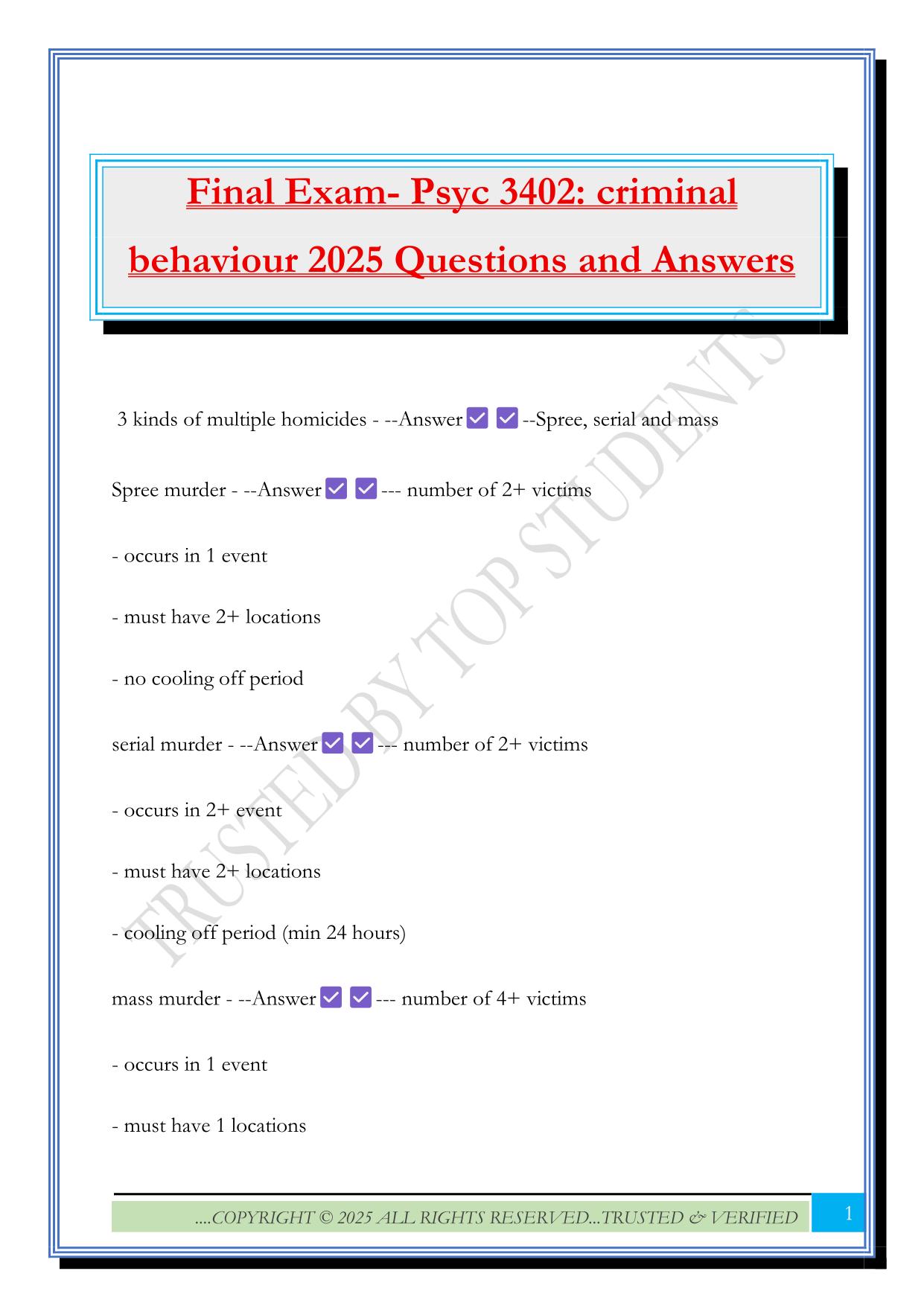 Final Exam- Psyc 3402: criminal behaviour 2025 Questions and Answers