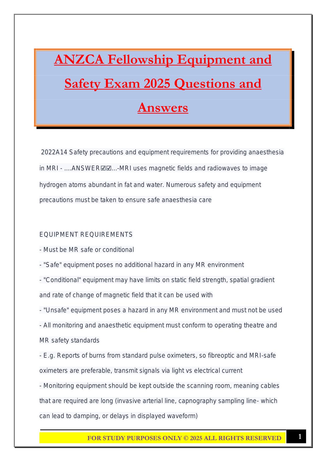 ANZCA Fellowship Equipment and Safety Exam 2025 Questions and Answers