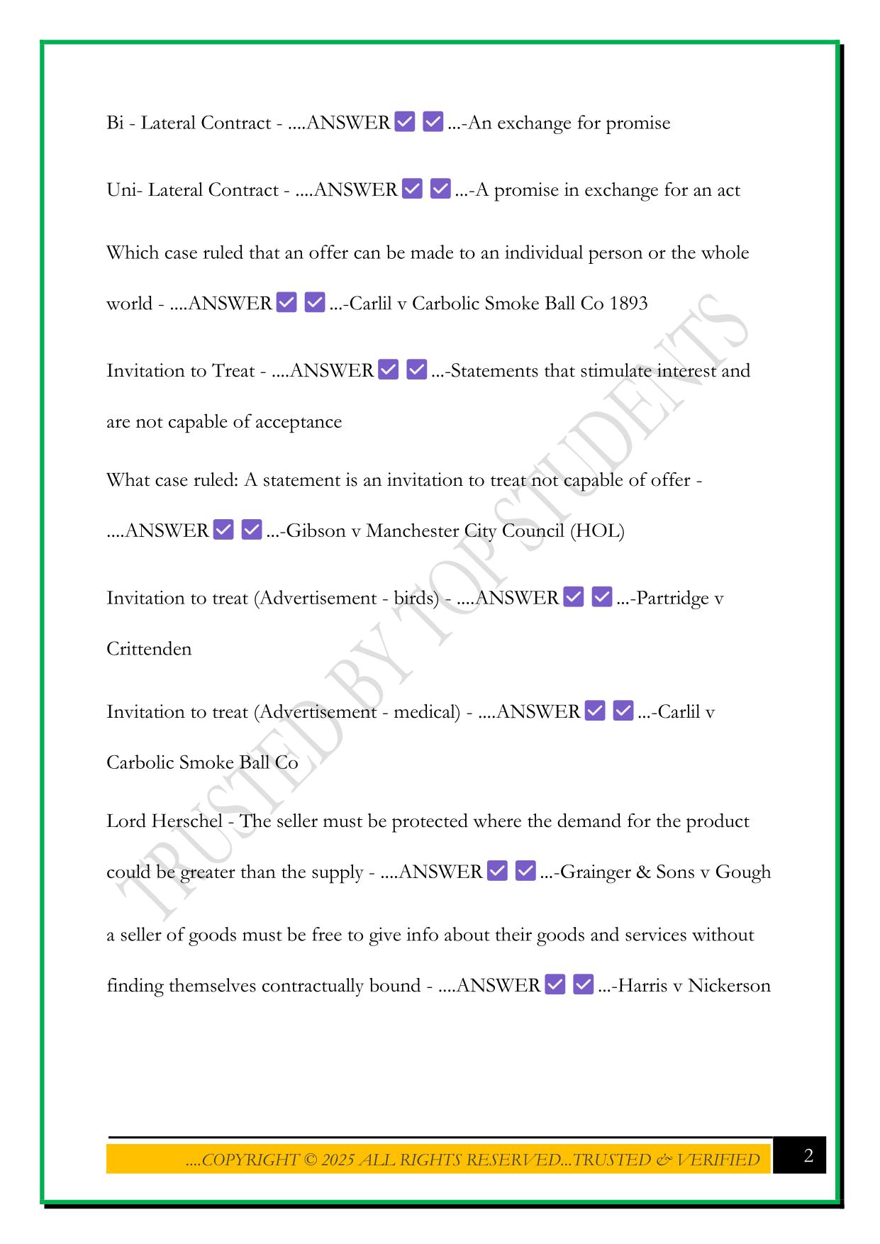 CONTRACT LAW EXAM 2025 QUESTIONS AND ANSWERS