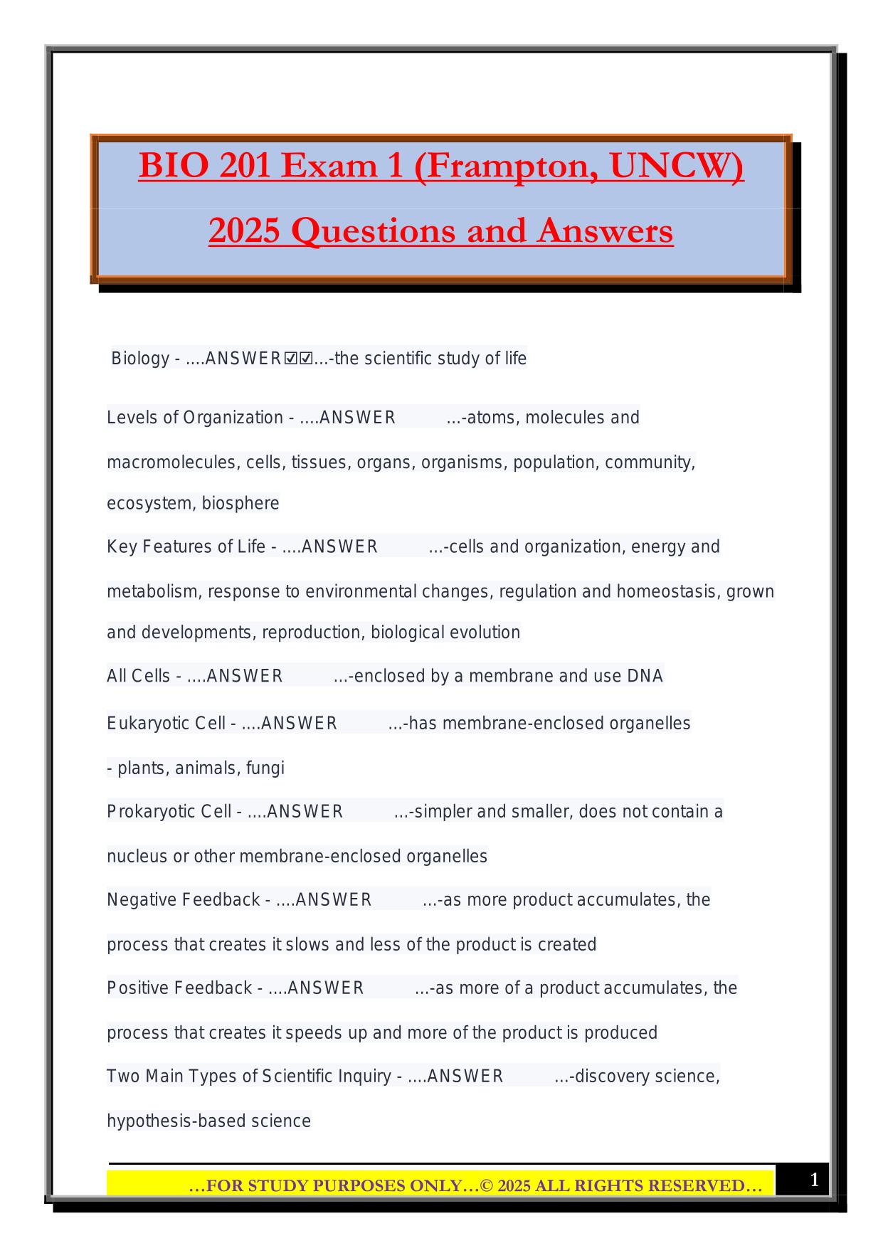 BIO 201 Exam 1 (Frampton, UNCW) 2025 Questions and Answers