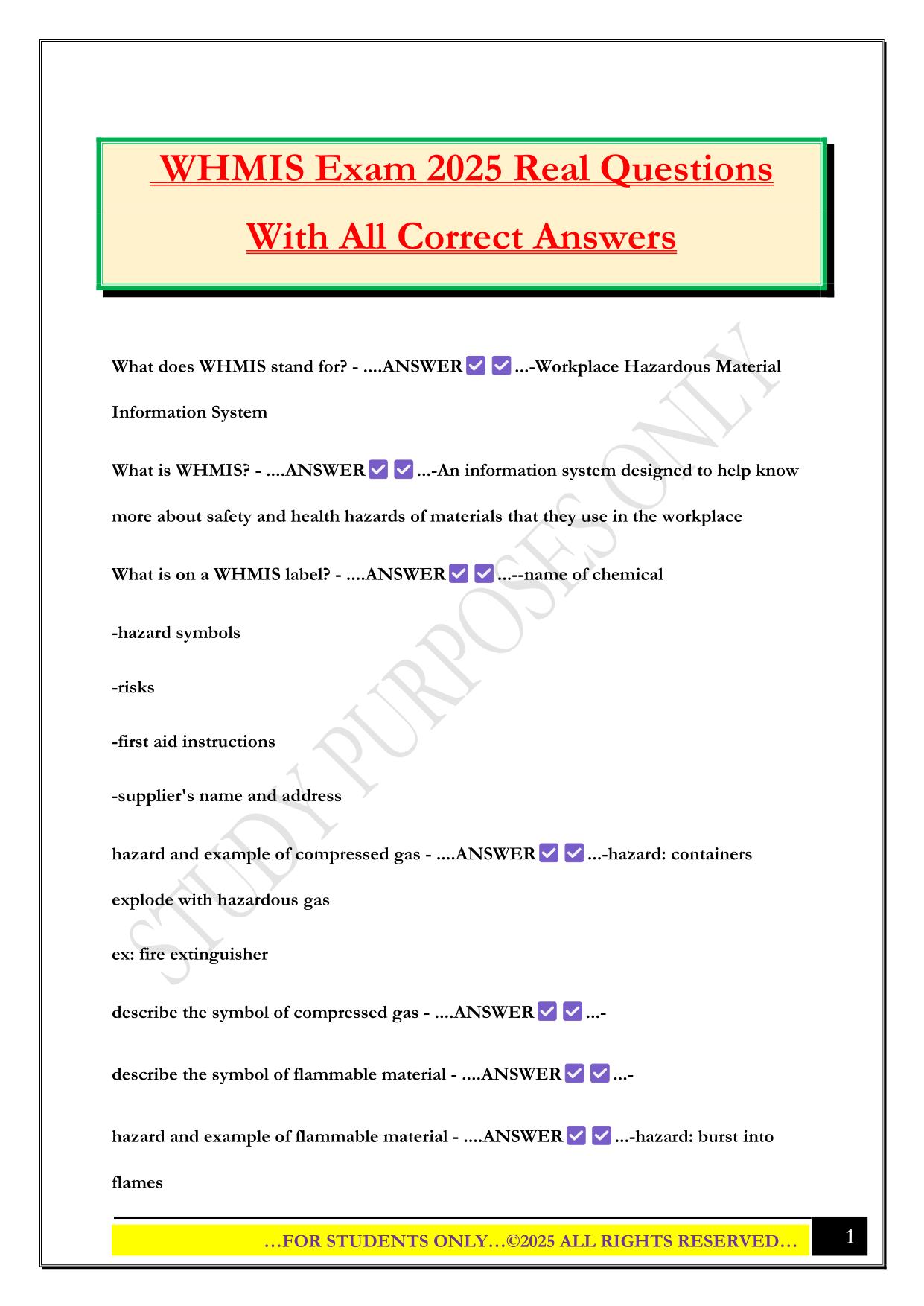 WHMIS Exam 2025 Real Questions With All Correct Answers