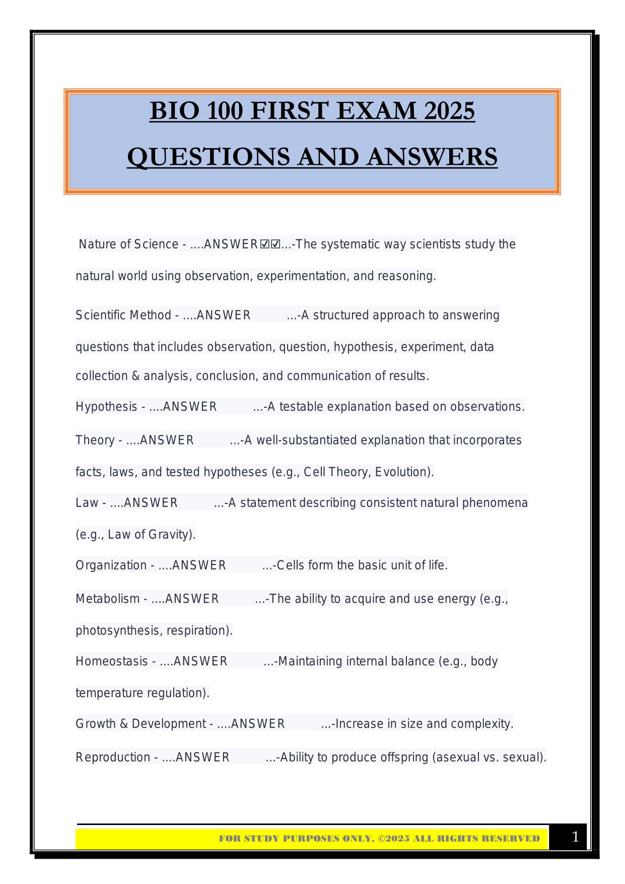 BIO 100 Bundled Exams 2025/2026 |Questions and Answers|100% Pass