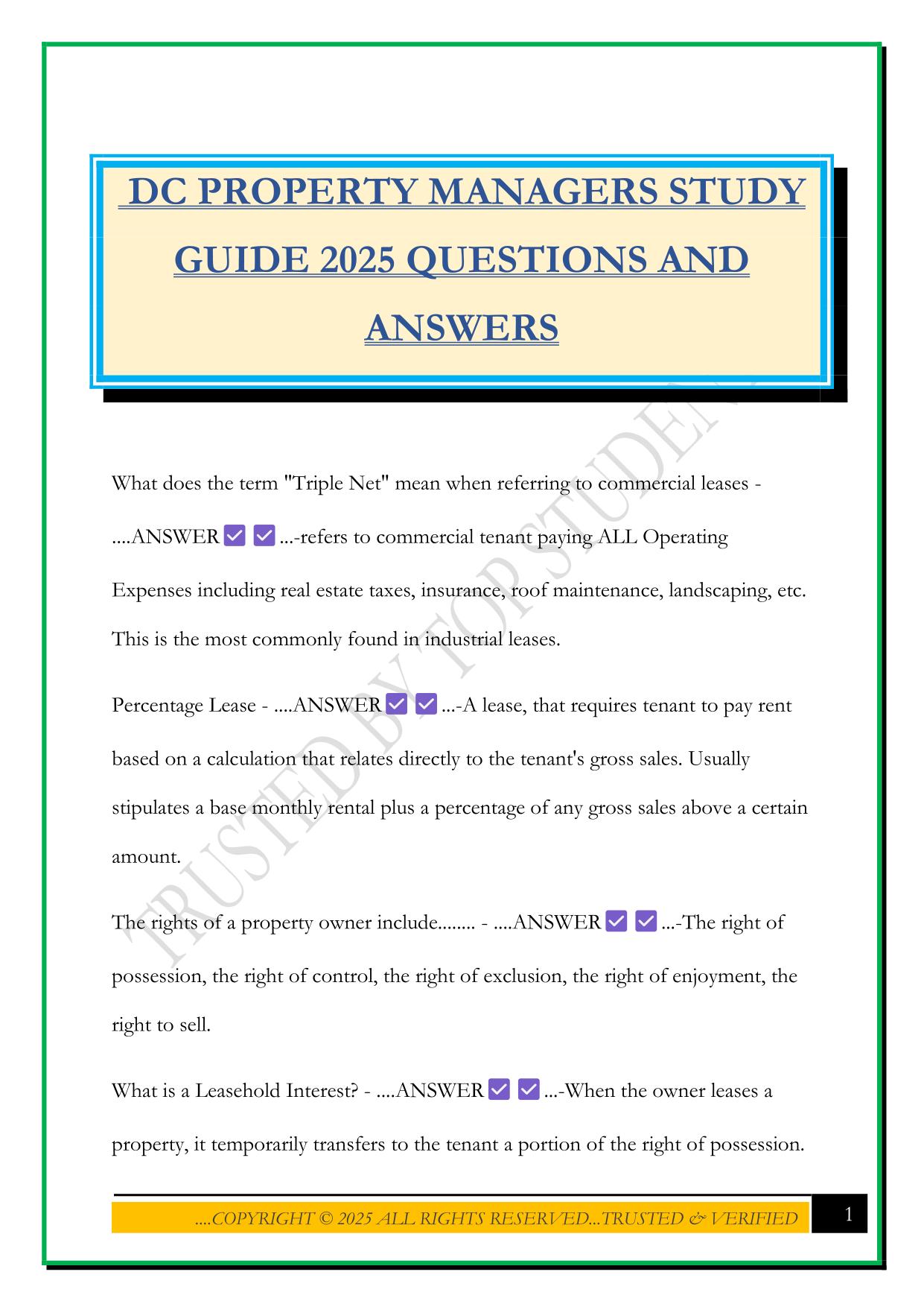 DC PROPERTY MANAGERS STUDY GUIDE 2025 QUESTIONS AND ANSWERS