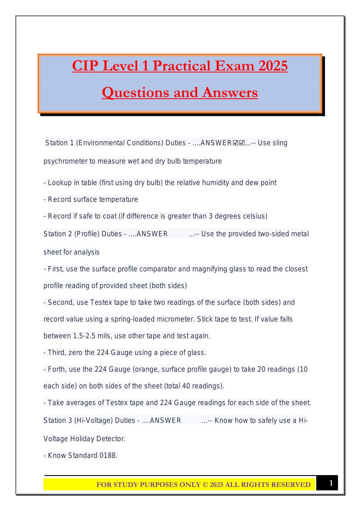 CIP Level 1 Practical Exam 2025 Questions and Answers