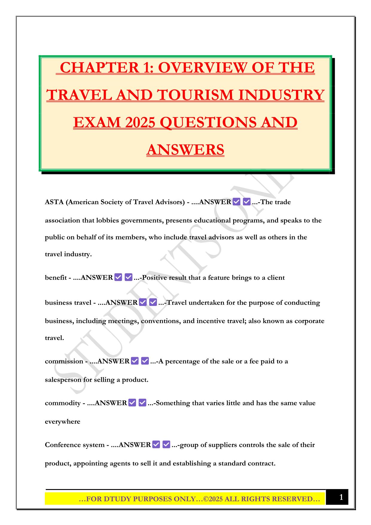 CHAPTER 1: OVERVIEW OF THE TRAVEL AND TOURISM INDUSTRY EXAM 2025 QUESTIONS AND ANSWERS