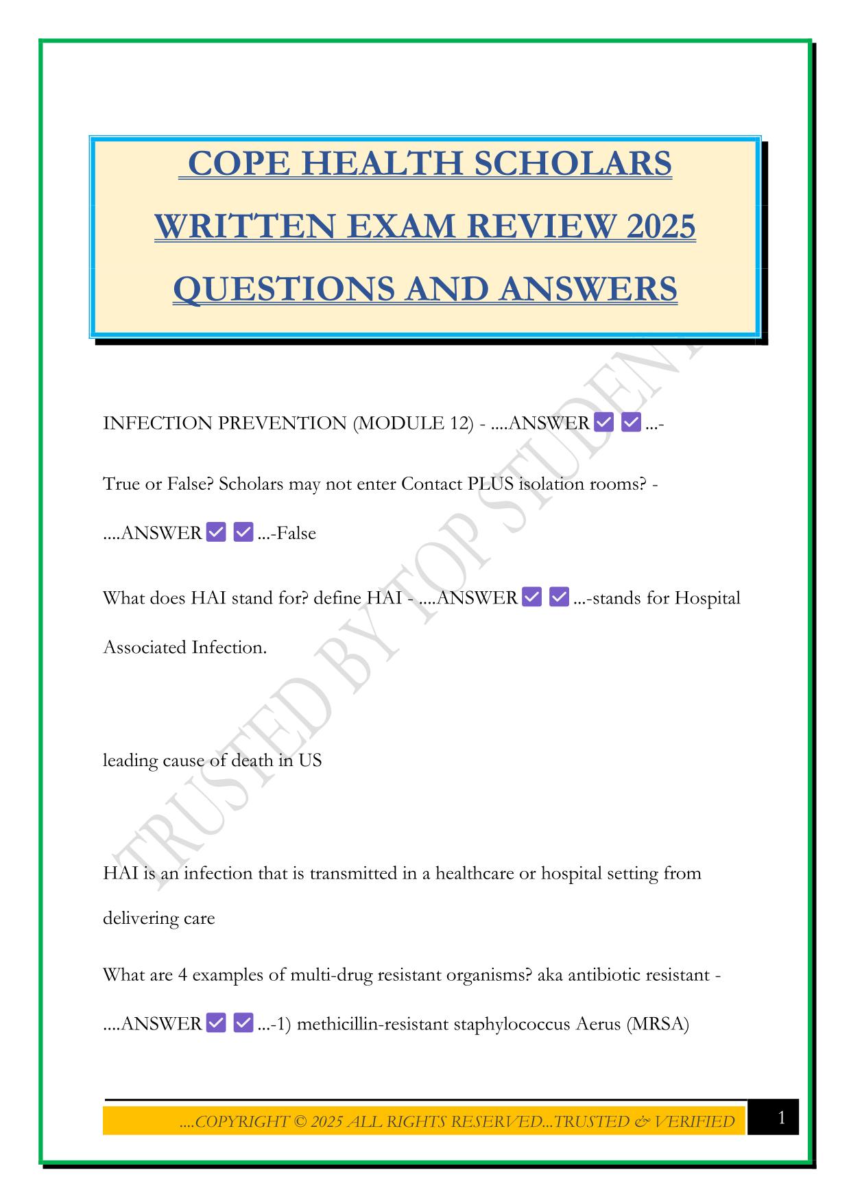 COPE HEALTH SCHOLARS WRITTEN EXAM REVIEW 2025 QUESTIONS AND ANSWERS