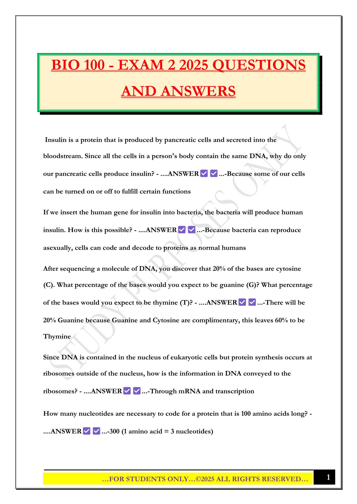 BIO 100 - EXAM 2 2025 QUESTIONS AND ANSWERS