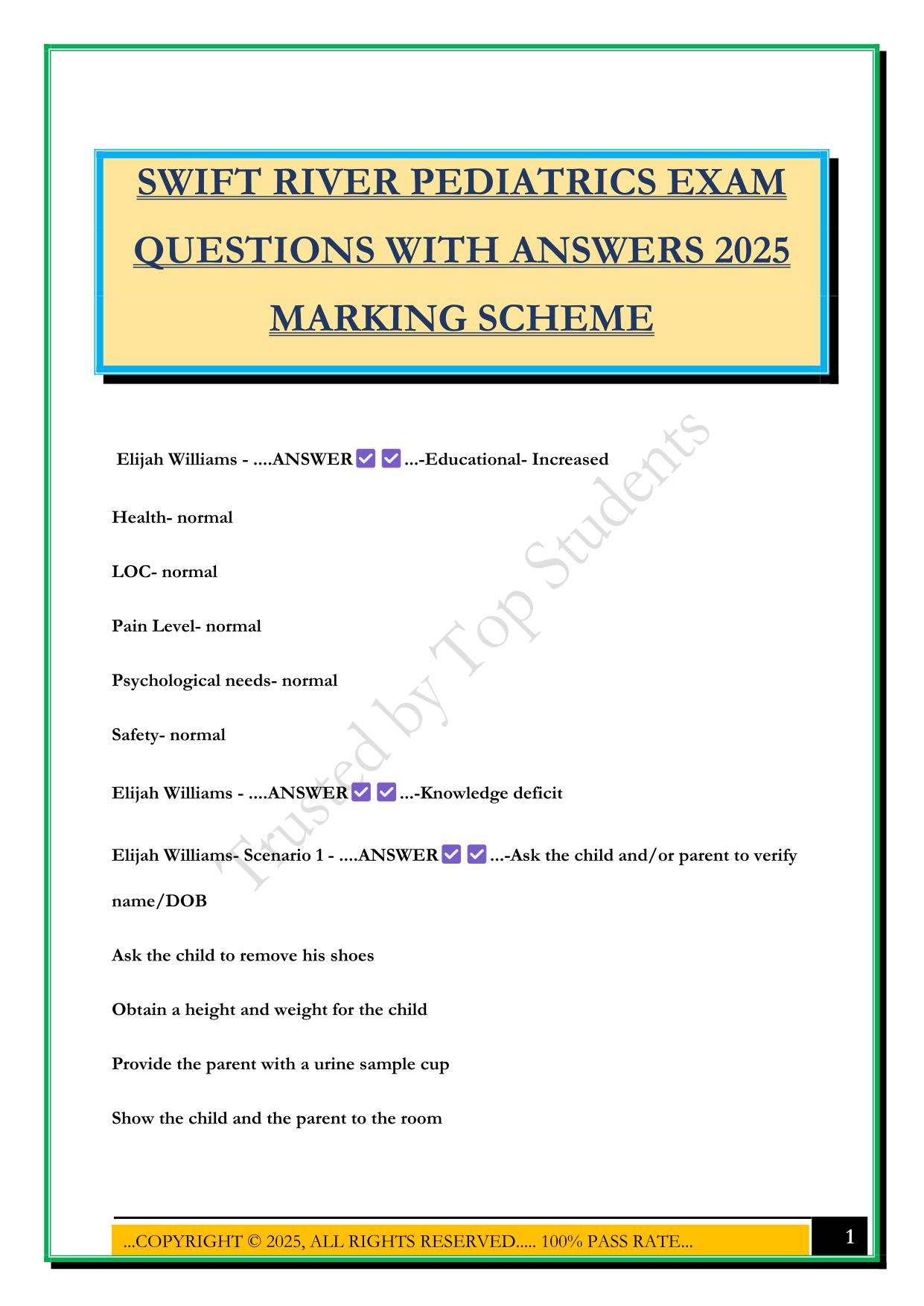 SWIFT RIVER PEDIATRICS EXAM QUESTIONS WITH ANSWERS 2025 MARKING SCHEME