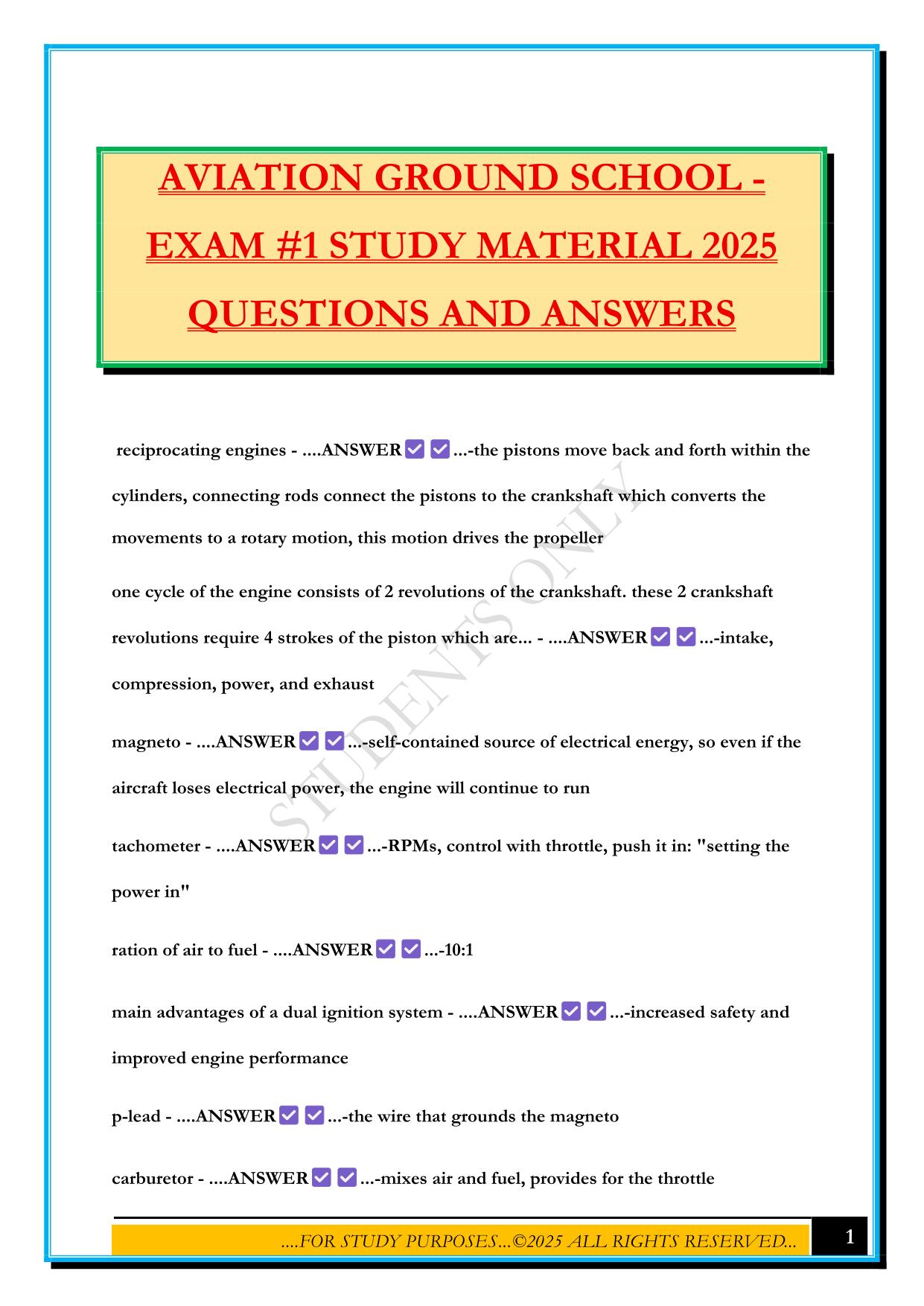 AVIATION GROUND SCHOOL - EXAM #1 STUDY MATERIAL 2025 QUESTIONS AND ANSWERS