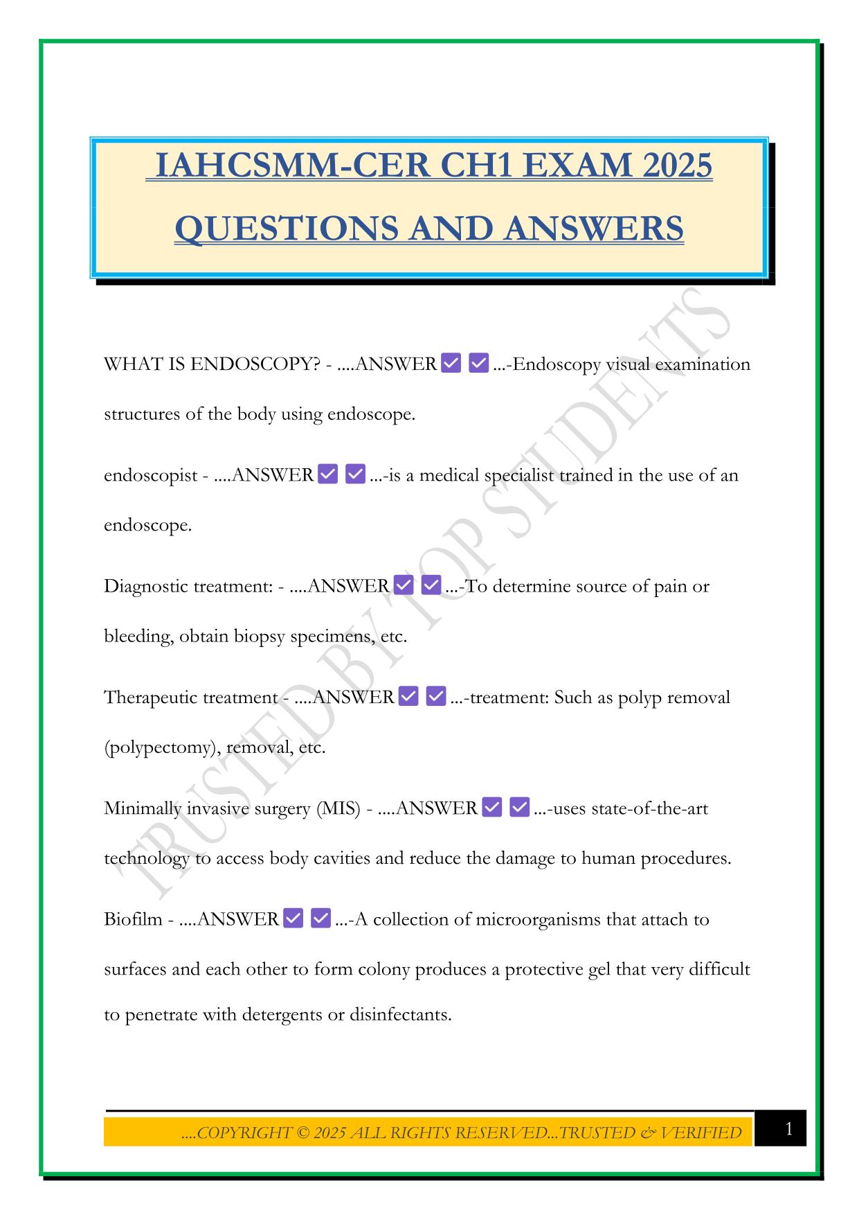 IAHCSMM-CER CH1 EXAM 2025 QUESTIONS AND ANSWERS