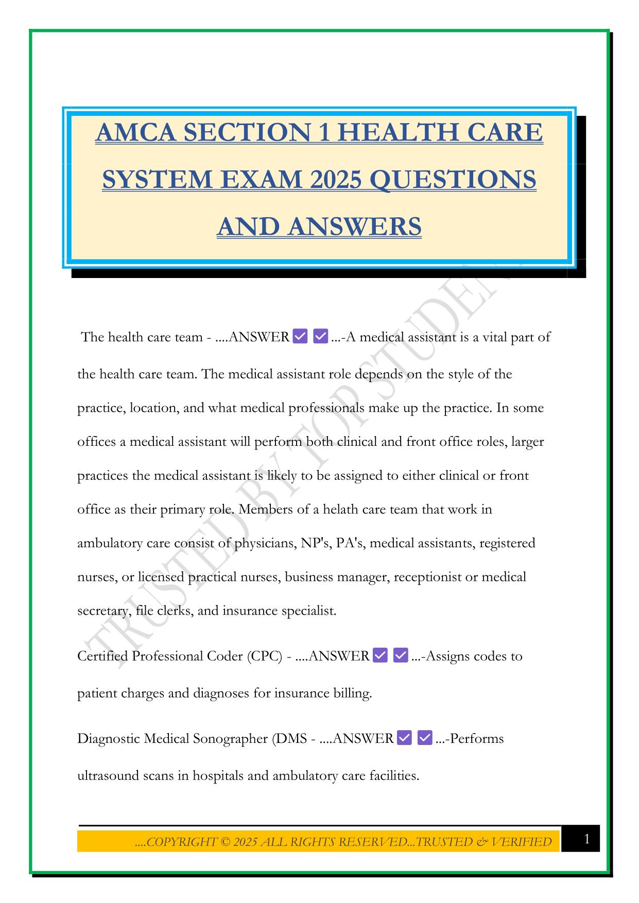 AMCA SECTION 1 HEALTH CARE SYSTEM EXAM 2025 QUESTIONS AND ANSWERS