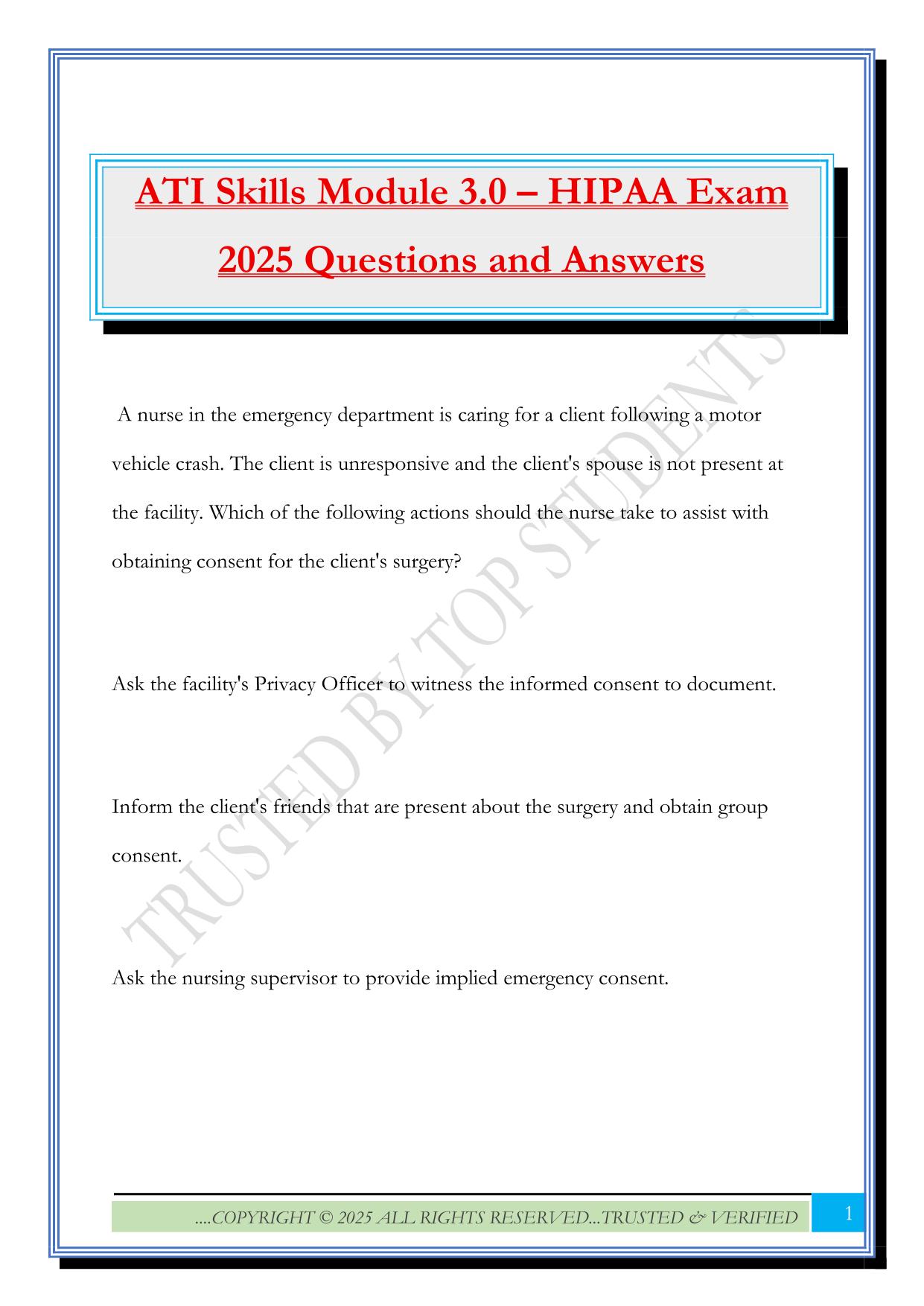 ATI Skills Module 3.0 – HIPAA Exam 2025 Questions and Answers