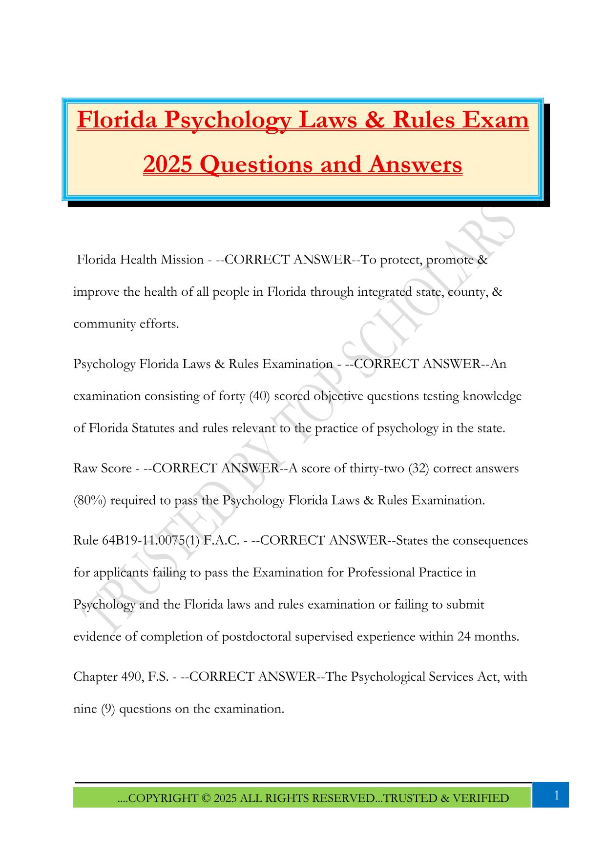 Florida Psychology Laws & Rules Exam 2025 Questions and Answers