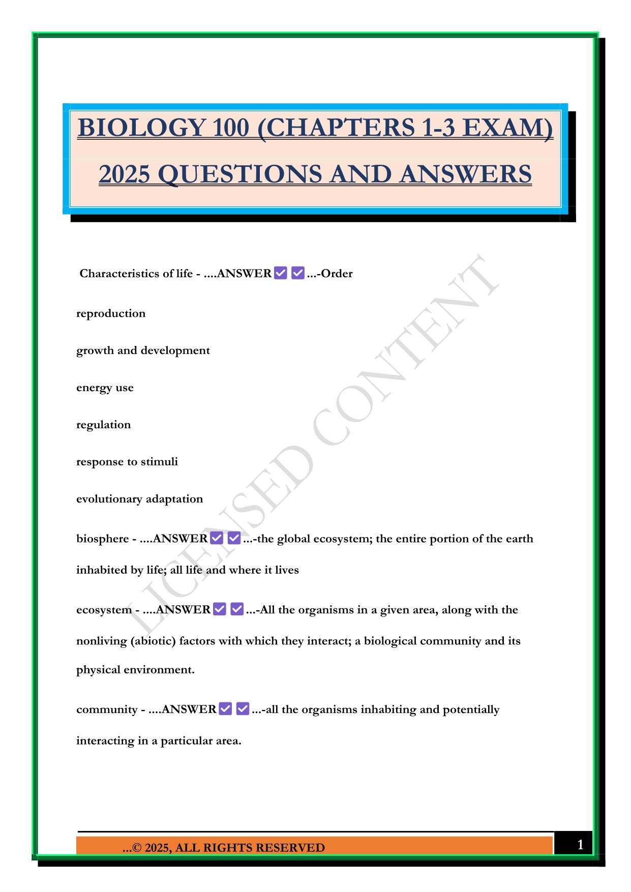 BIOLOGY 100 (CHAPTERS 1-3 EXAM) 2025 QUESTIONS AND ANSWERS