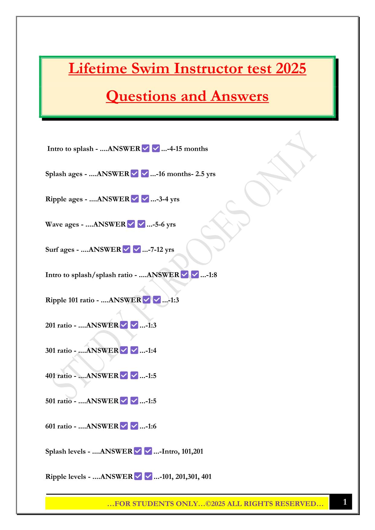 Lifetime Swim Instructor test 2025 Questions and Answers