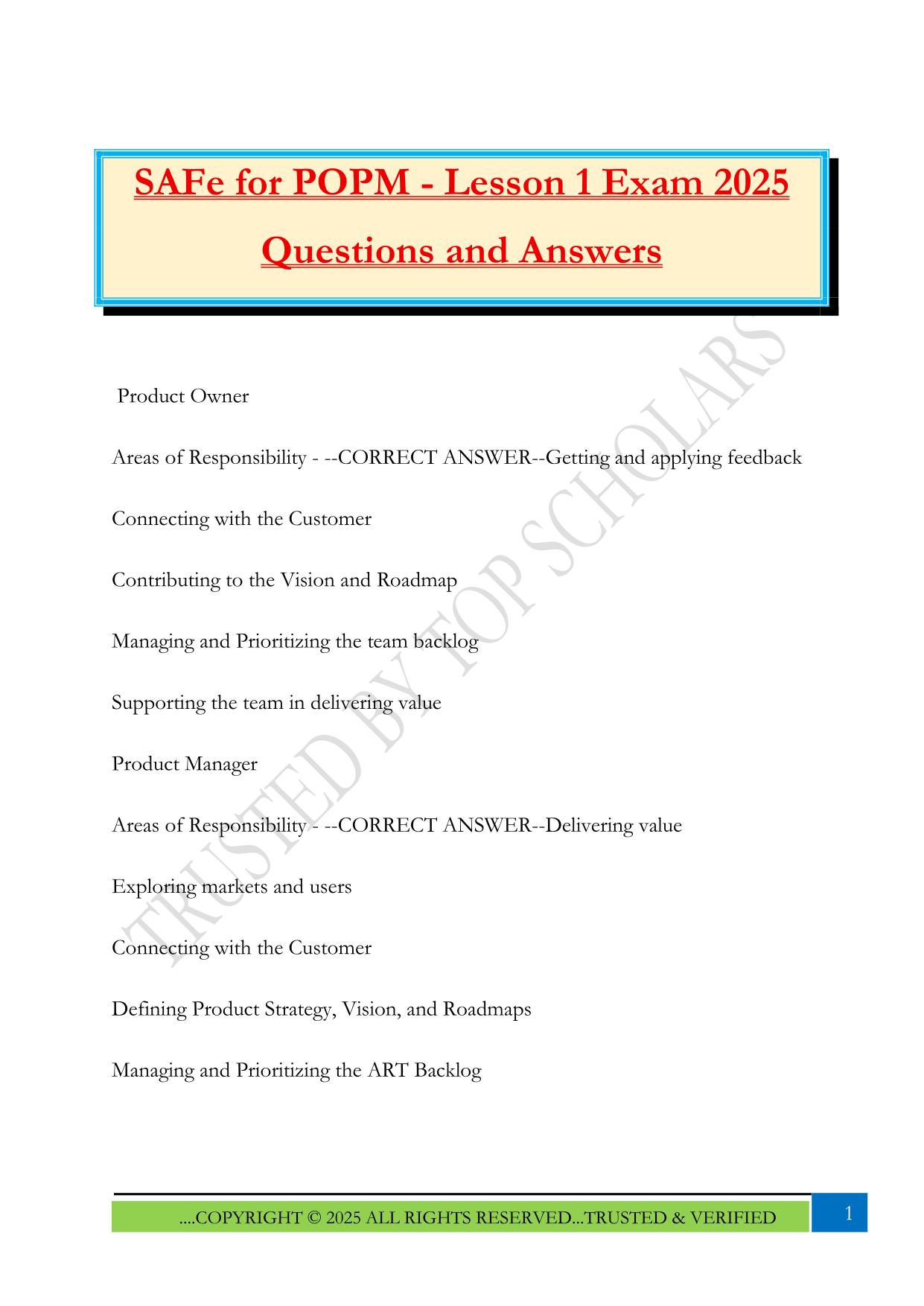 SAFe for POPM - Lesson 1 Exam 2025 Questions and Answers