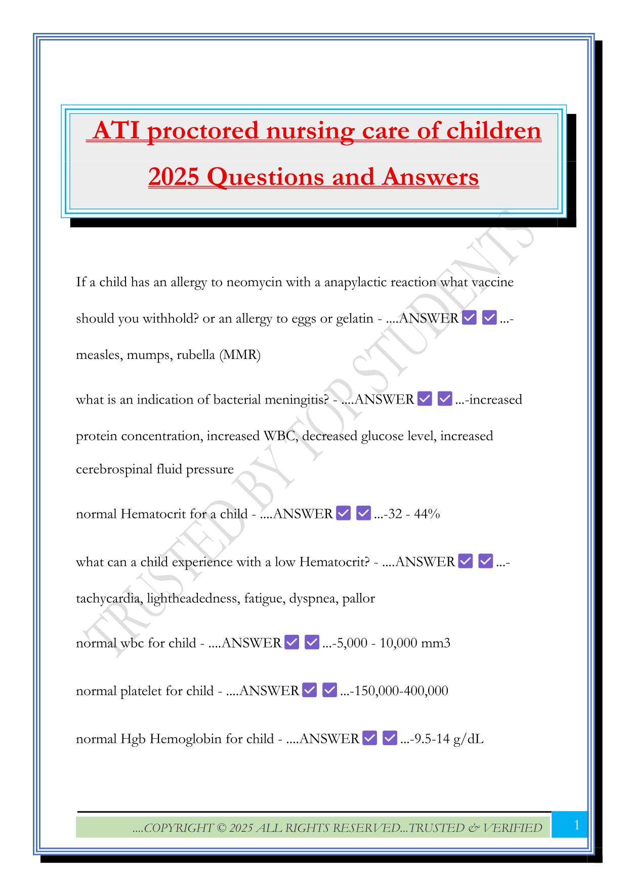 ATI proctored nursing care of children 2025 Questions and Answers