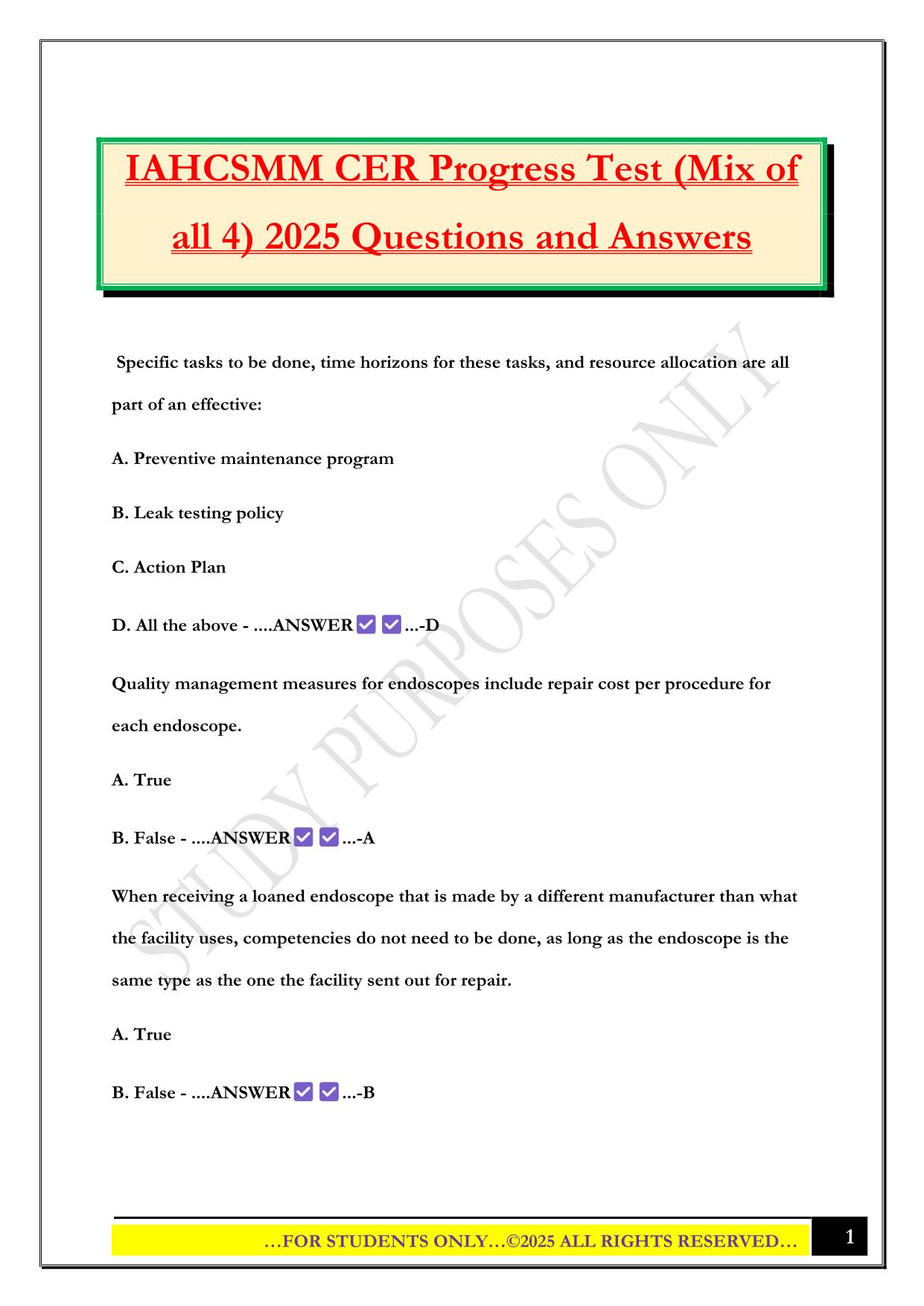 IAHCSMM CER Progress Test (Mix of all 4) 2025 Questions and Answers