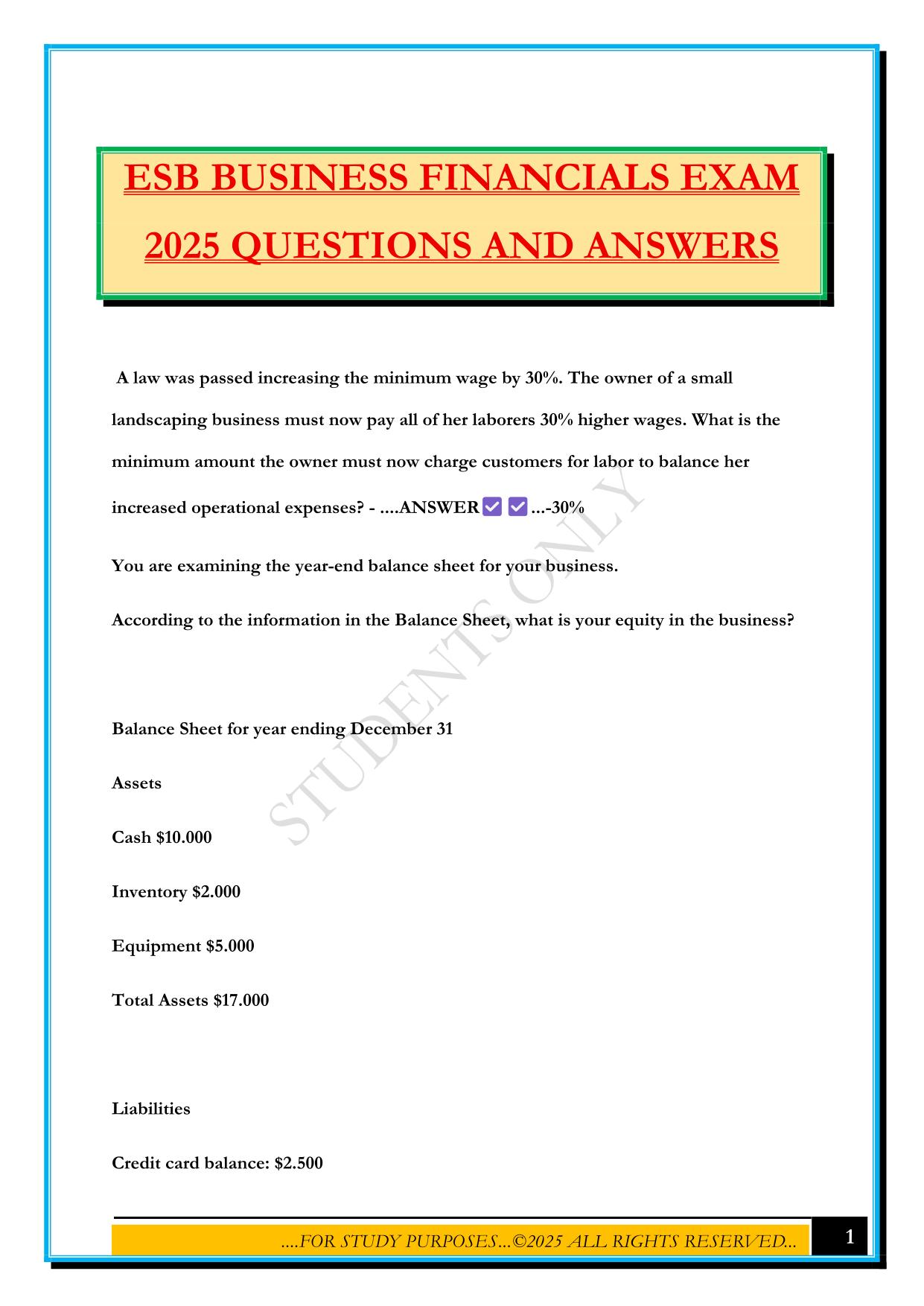 ESB BUSINESS FINANCIALS EXAM 2025 QUESTIONS AND ANSWERS